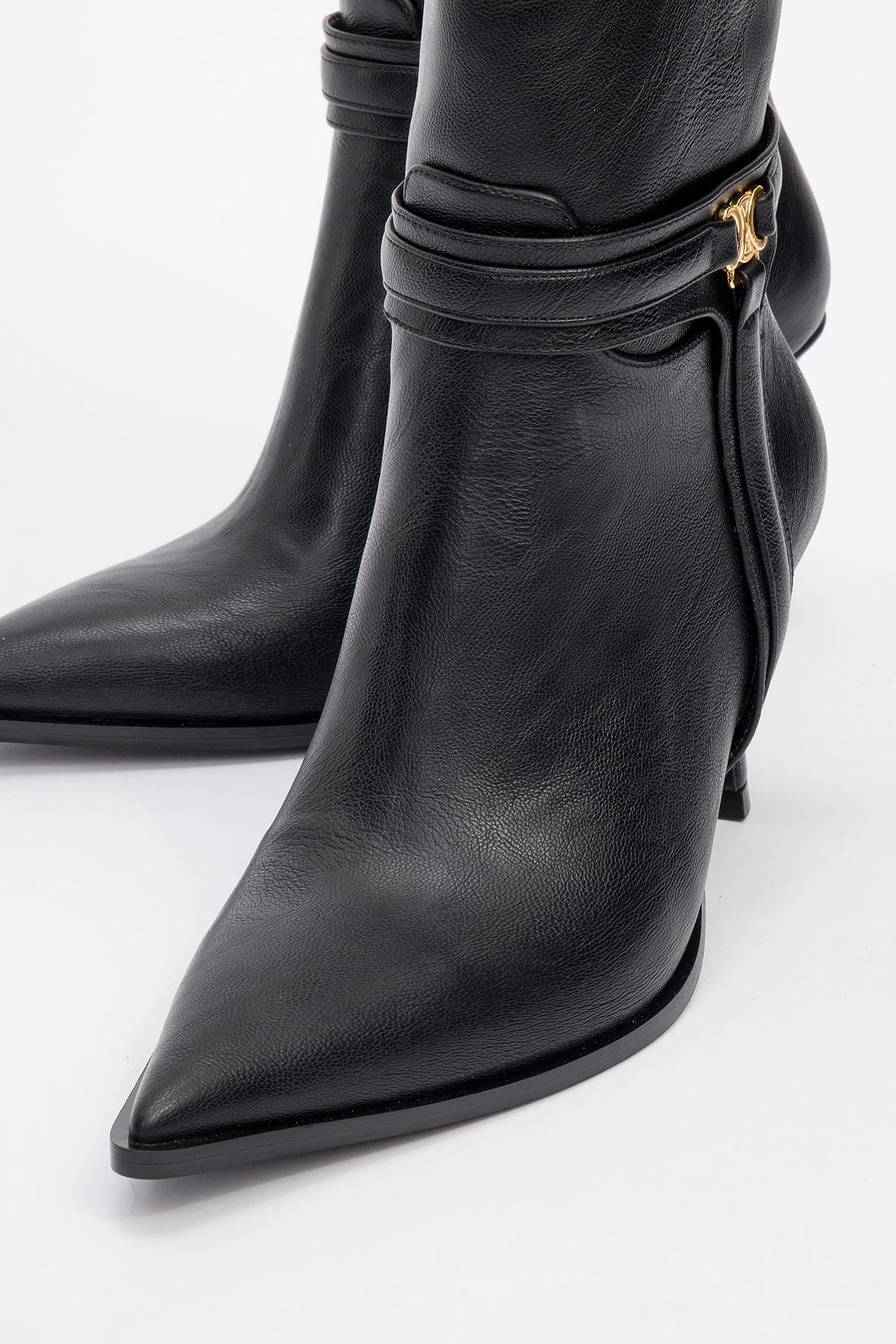 Berton - Black Zippered Pointed Toe High Heel Boot – detail view showing leather, black, red, Vowalisse