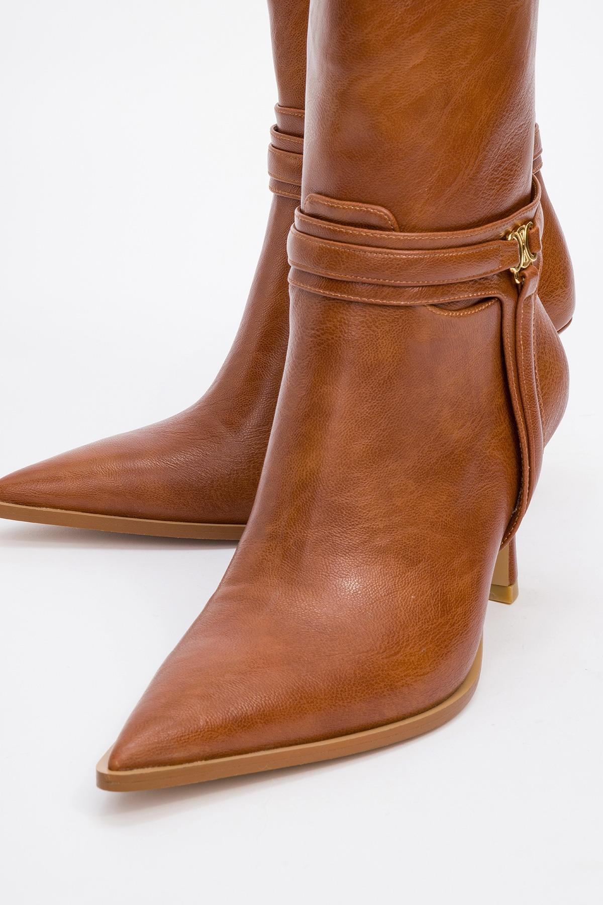 Berton - Cognac Zippered Pointed Toe High Heel Boot – detail view showing leather, red, Vowalisse
