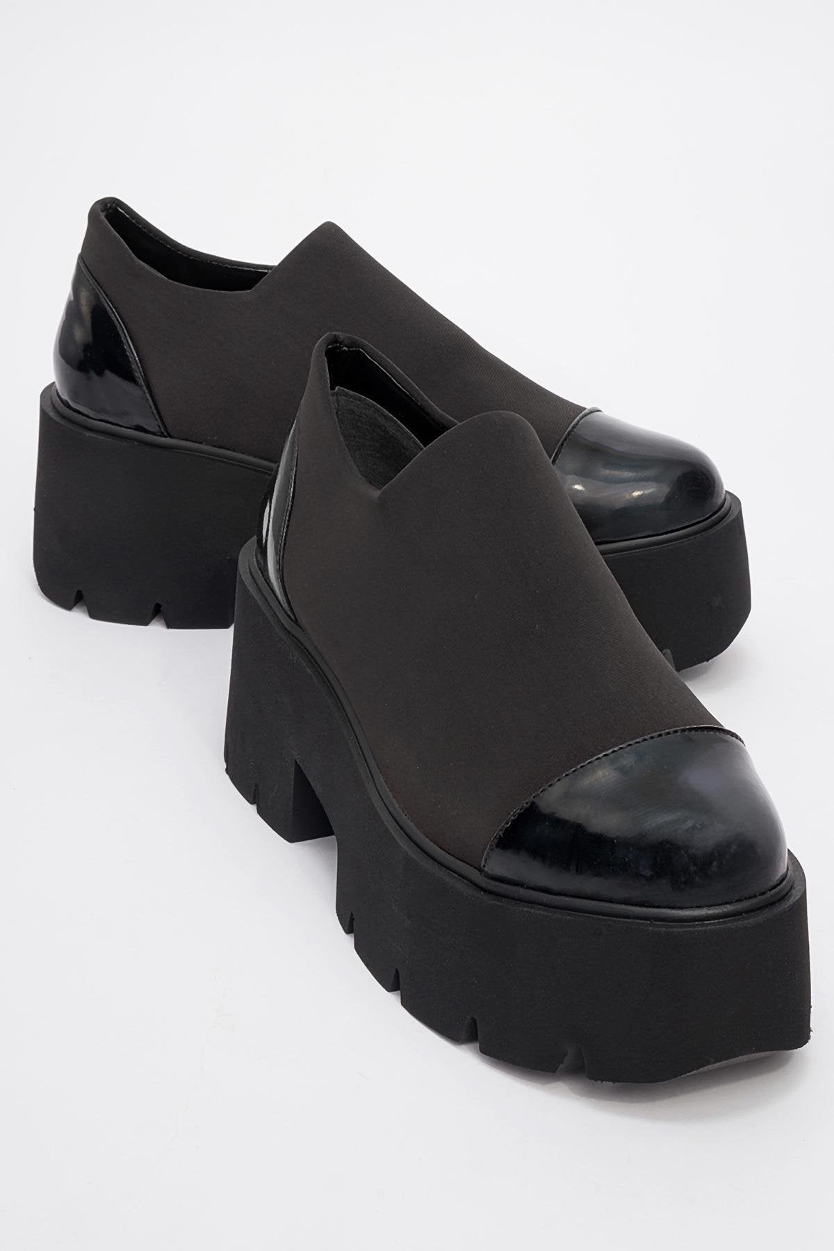 Grena - Black Patent Scuba Chunky Platform Casual Shoe – front three-quarter view showing leather, black, Vowalisse