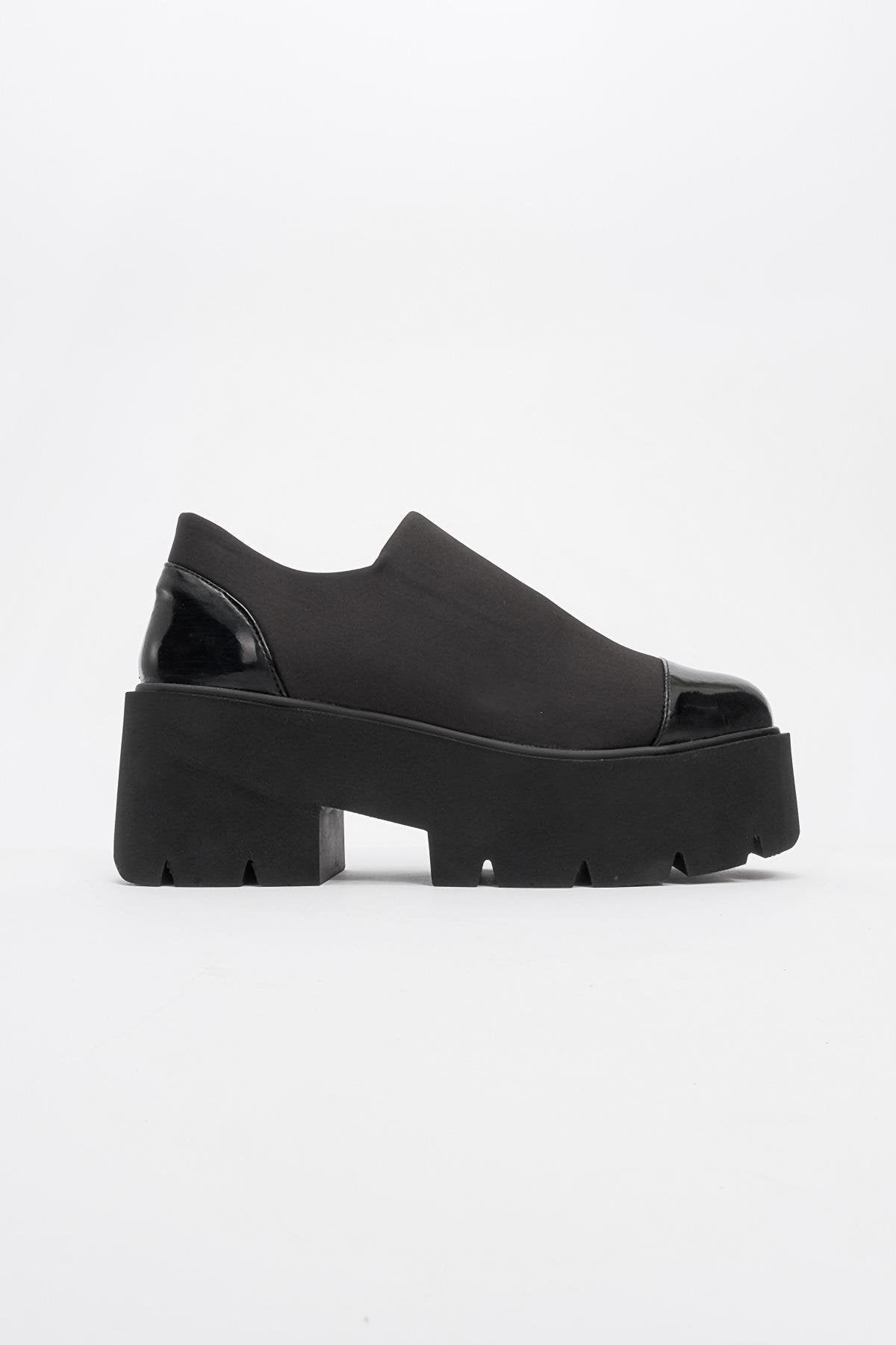 Grena - Black Patent Scuba Chunky Platform Casual Shoe – heel view showing leather, black, Vowalisse