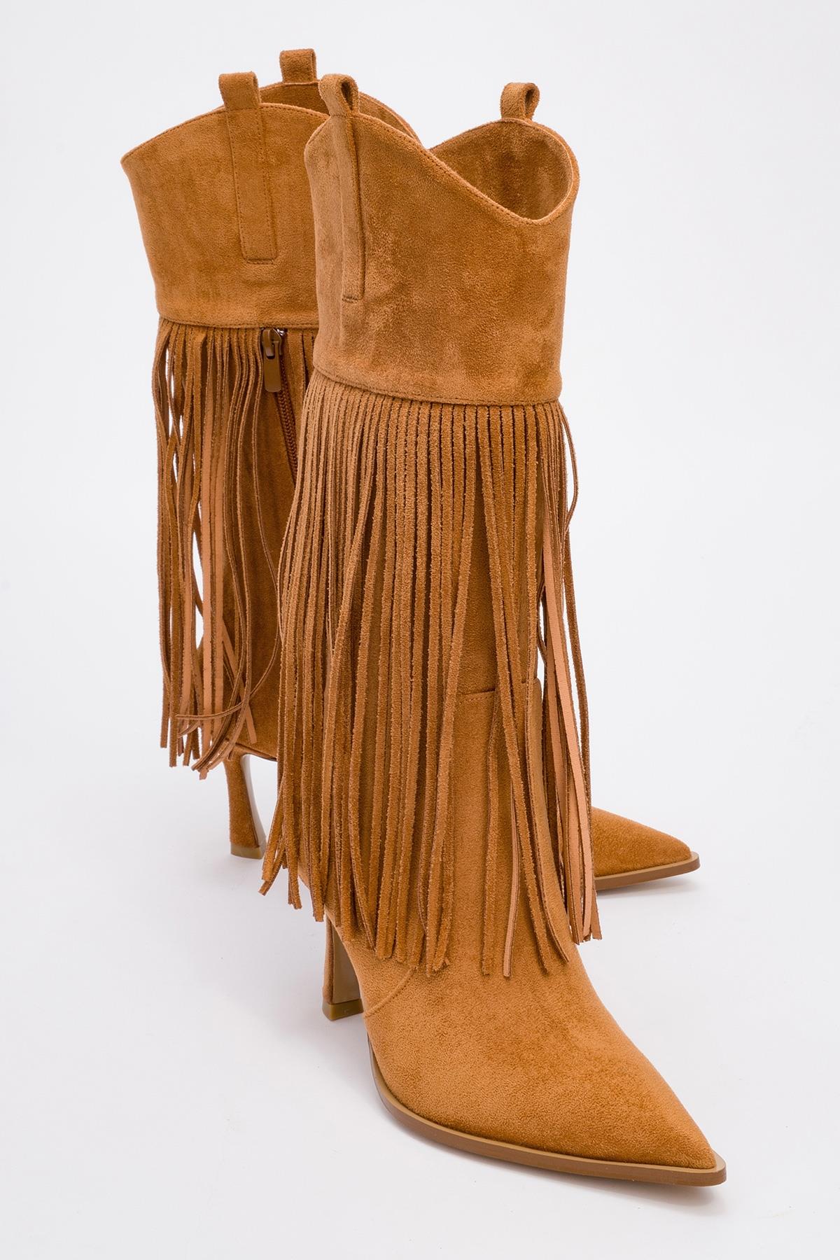 Gueras - Cognac Fringed Pointed Toe High Heel Boot – front three-quarter view showing suede, Vowalisse