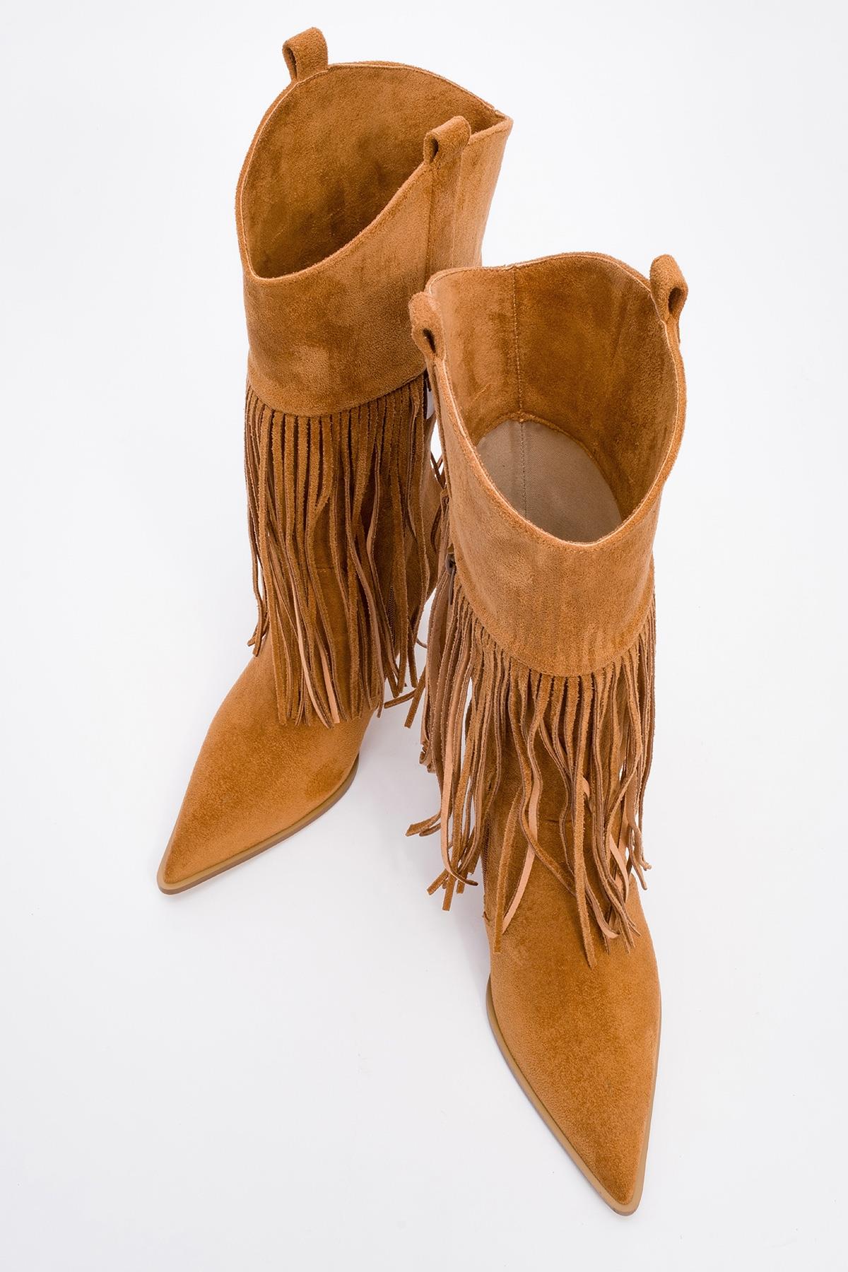 Gueras - Cognac Fringed Pointed Toe High Heel Boot – side view showing suede, Vowalisse