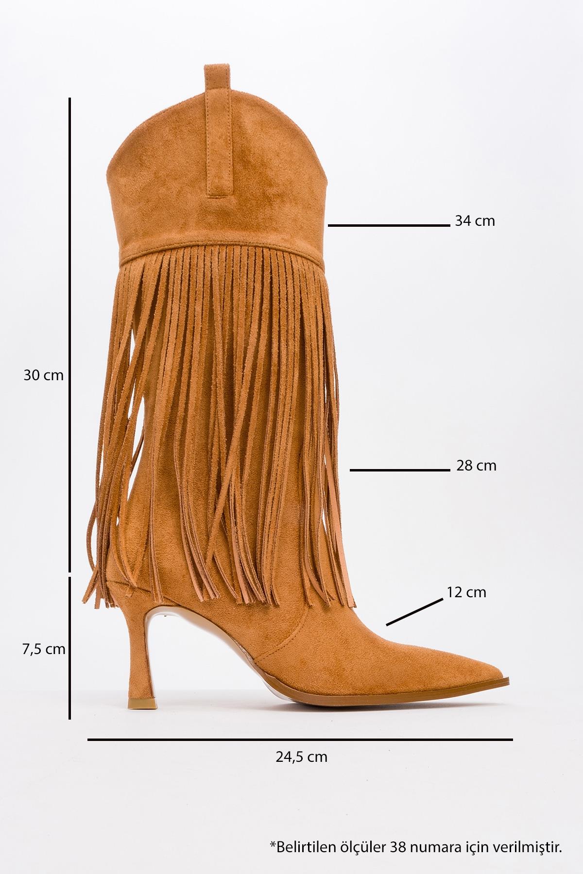 Gueras - Cognac Fringed Pointed Toe High Heel Boot – heel view showing suede, Vowalisse