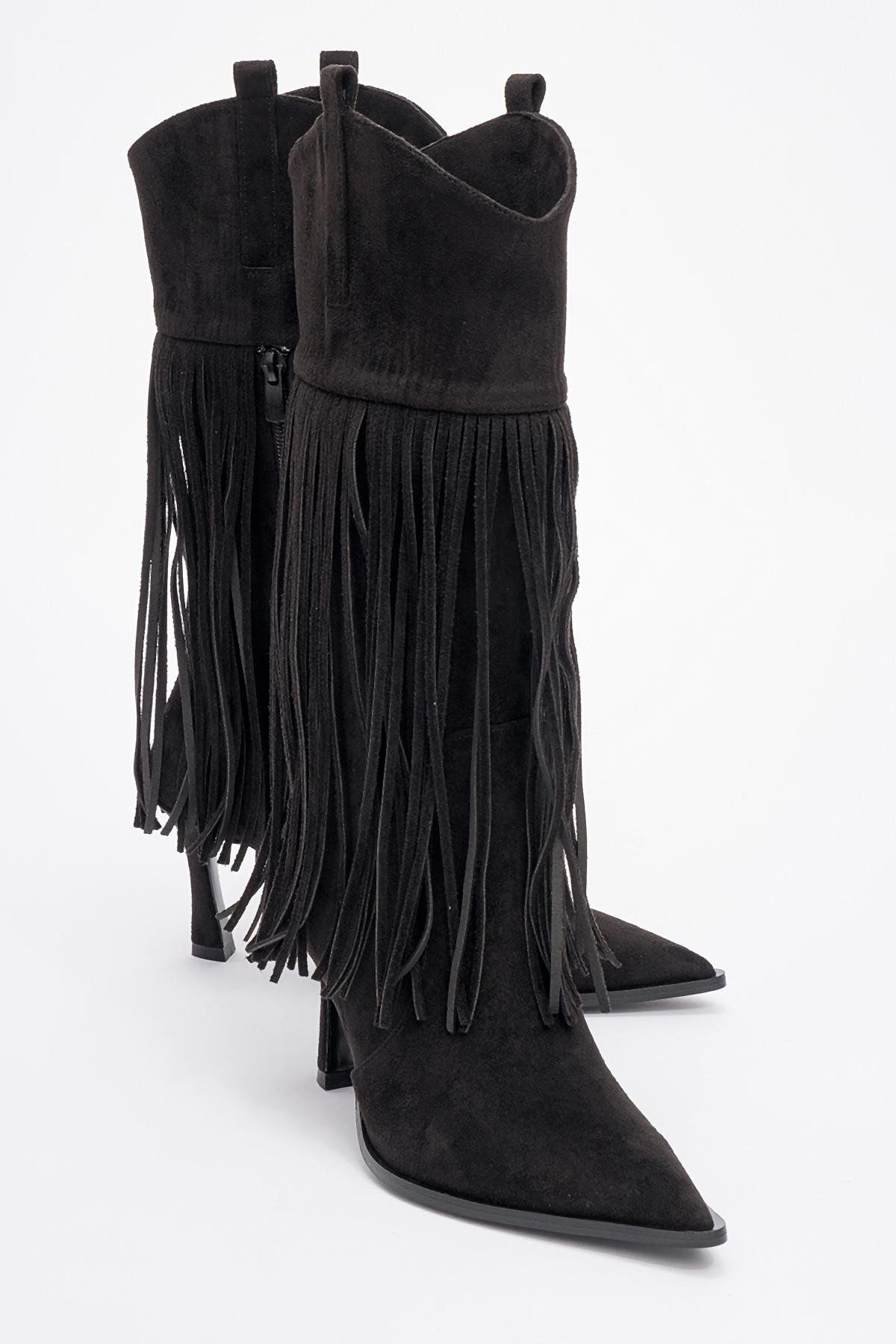 Gueras - Black Fringed Pointed Toe High Heel Boot – front three-quarter view showing suede, black, Vowalisse
