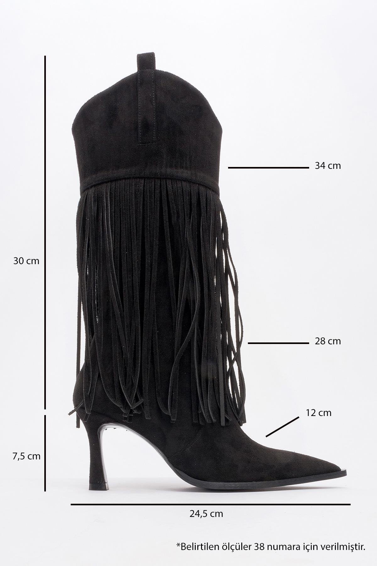 Gueras - Black Fringed Pointed Toe High Heel Boot – heel view showing suede, black, Vowalisse