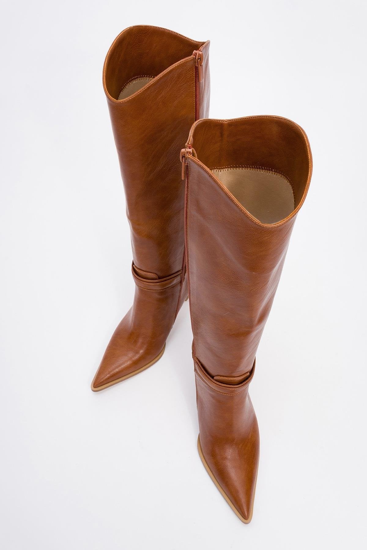 Melinka - Cognac Pointed Toe High Heel Boot – side view showing leather, Vowalisse