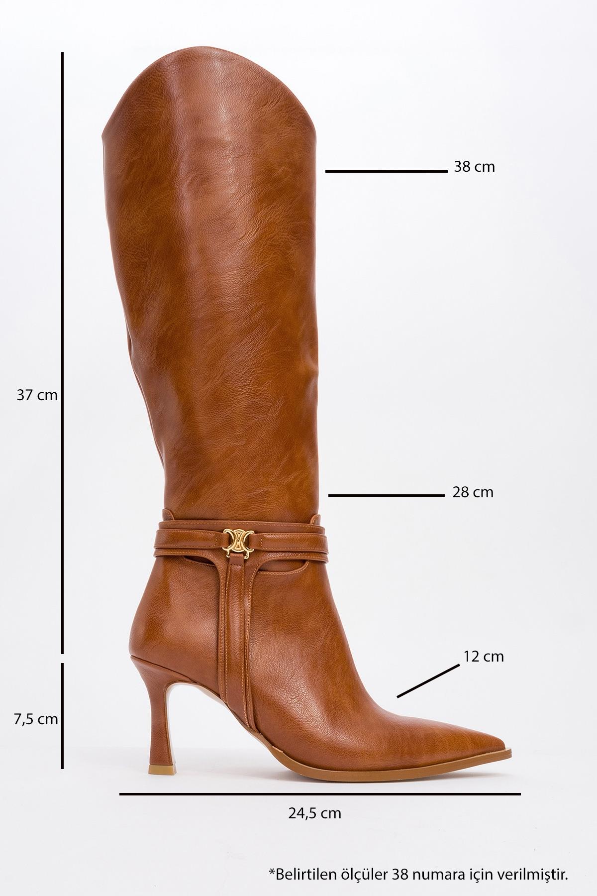Melinka - Cognac Pointed Toe High Heel Boot – heel view showing leather, Vowalisse