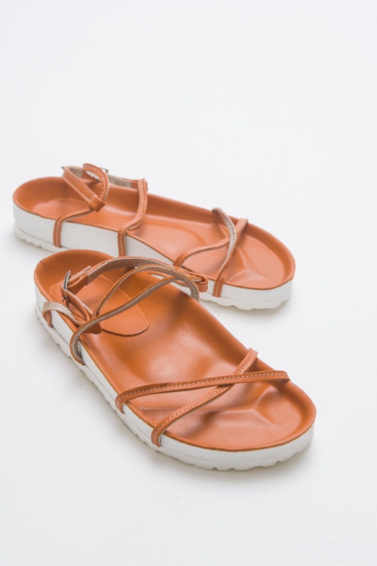Muse - Orange Genuine Leather Sandal – front three-quarter view showing leather, Vowalisse