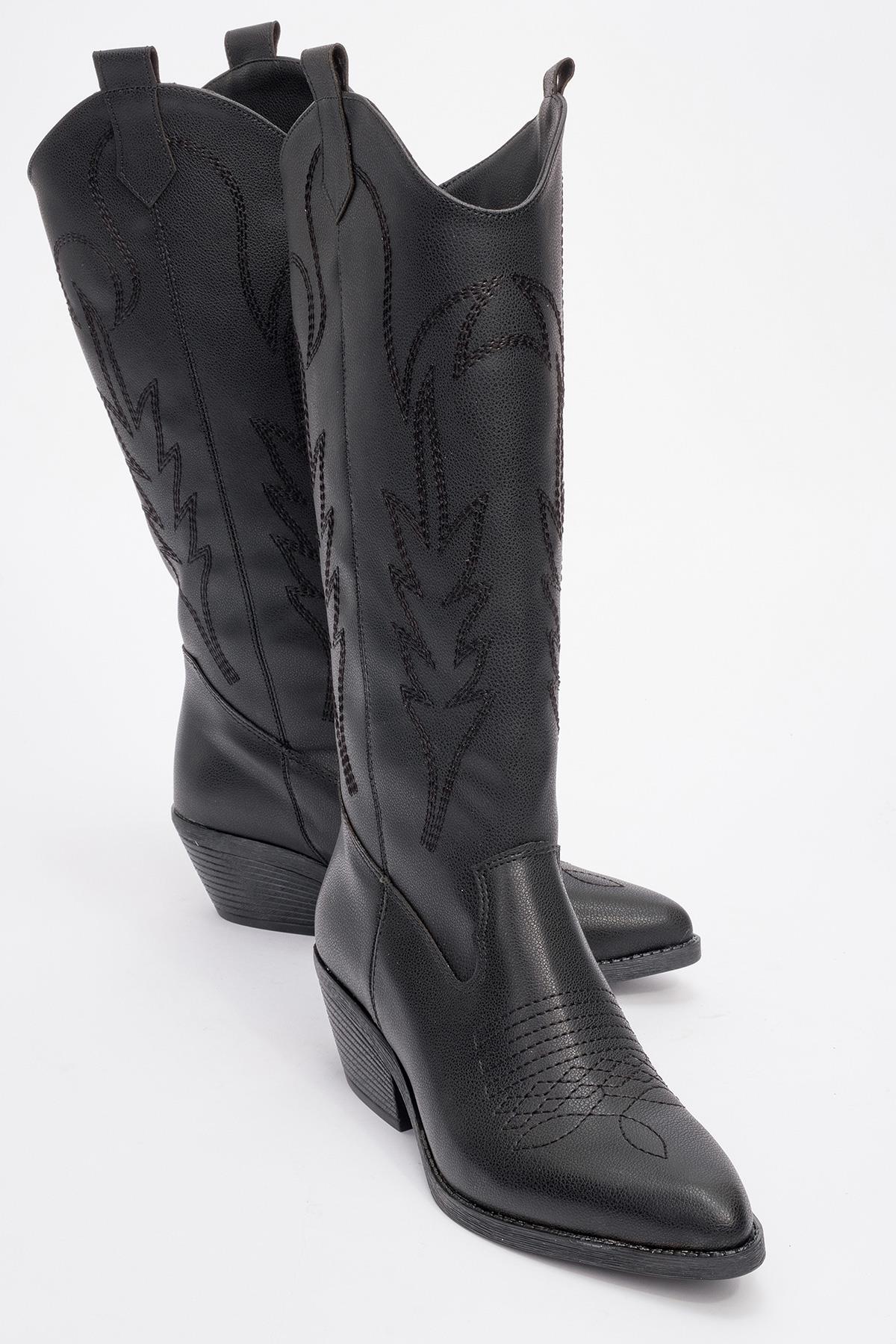 Liana - Black Block Heel Western Boot – front three-quarter view showing leather, black, Vowalisse