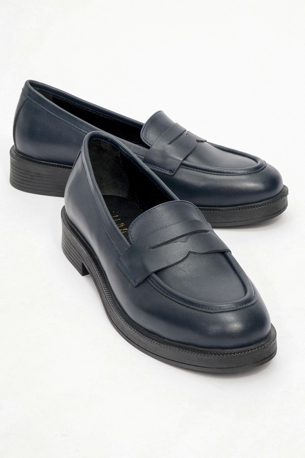 Bree - Navy Genuine Leather Loafer – front three-quarter view showing leather, Vowalisse