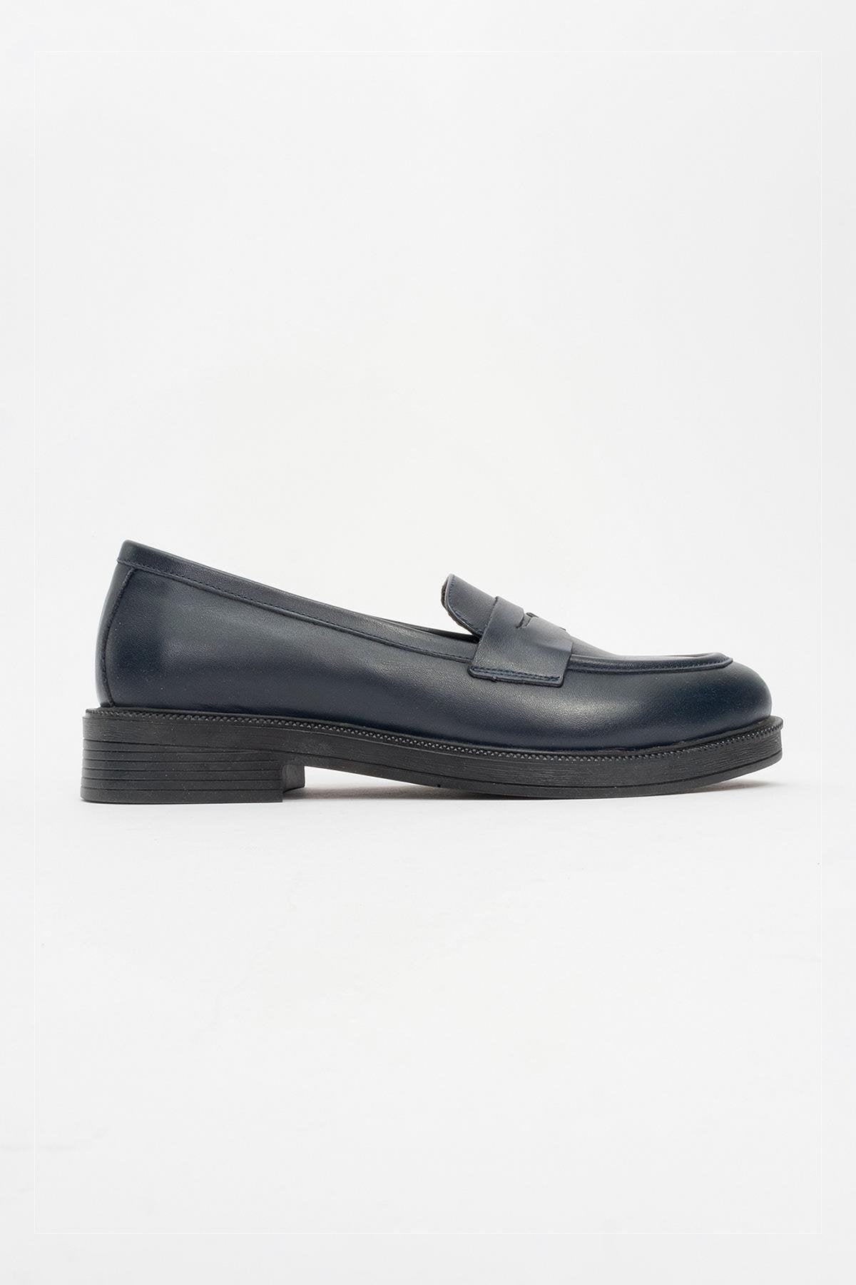 Bree - Navy Genuine Leather Loafer – heel view showing leather, Vowalisse