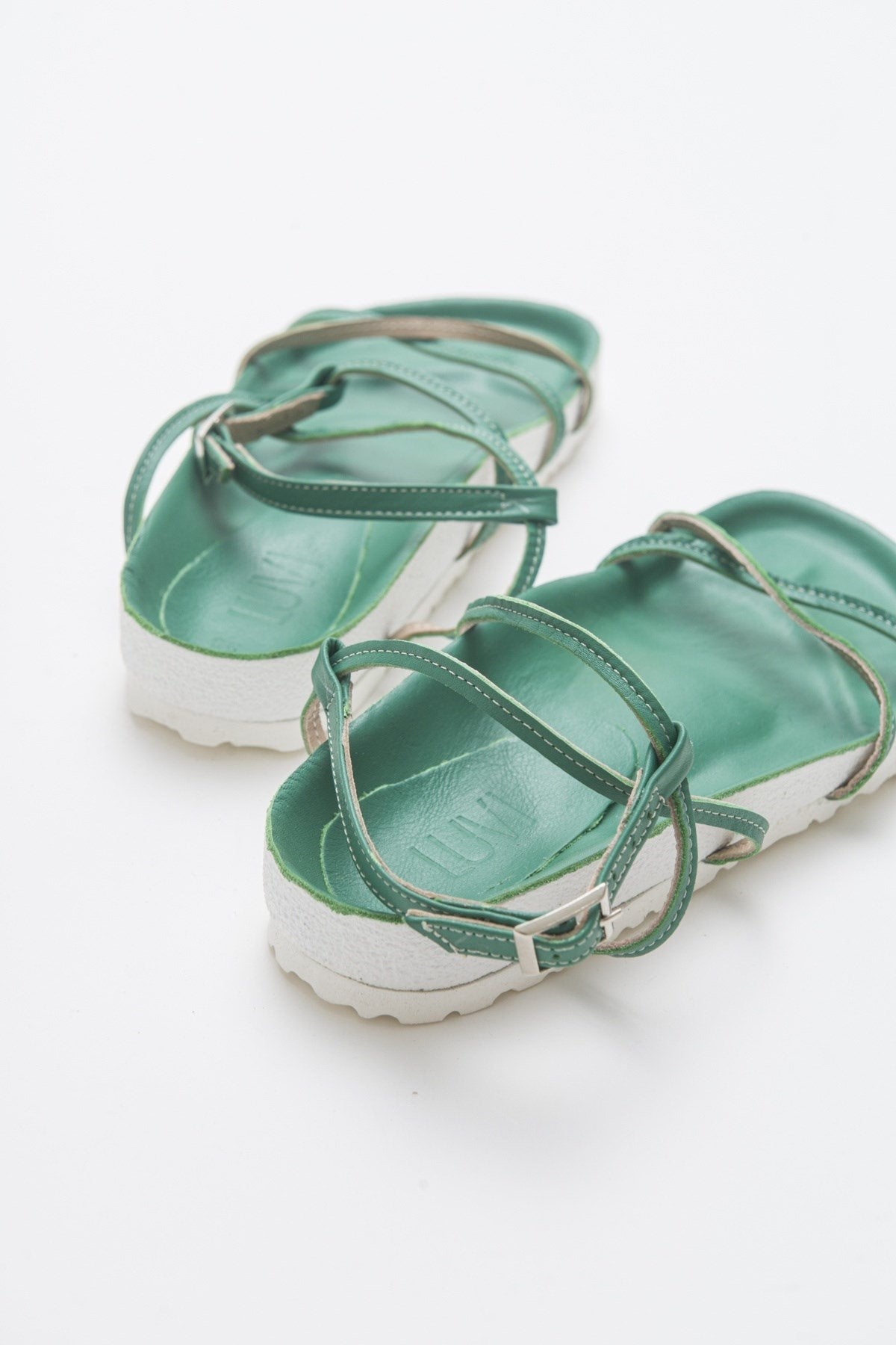 Muse - Green Genuine Leather Sandal – heel view showing leather, green, Vowalisse