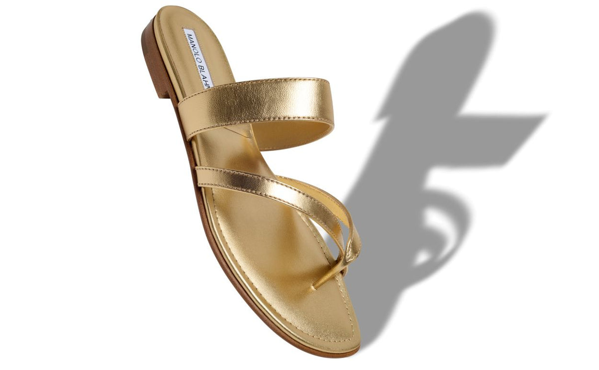 Ophelia Lace Gold Crossover Mules – front three-quarter view showing gold crossover, open toe, nappa leather, Vowalisse