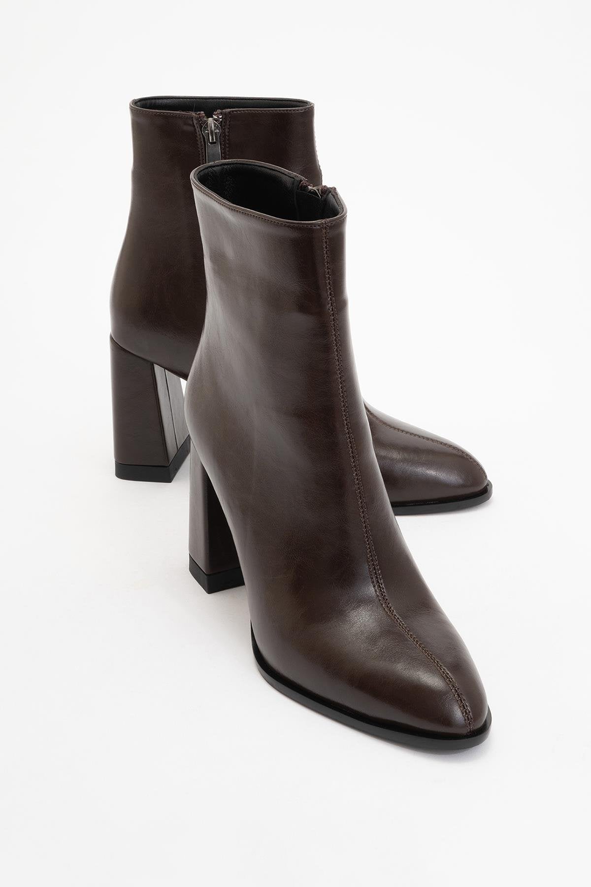 Jewel Brown High Heel Boot – front three-quarter view showing leather, red, Vowalisse