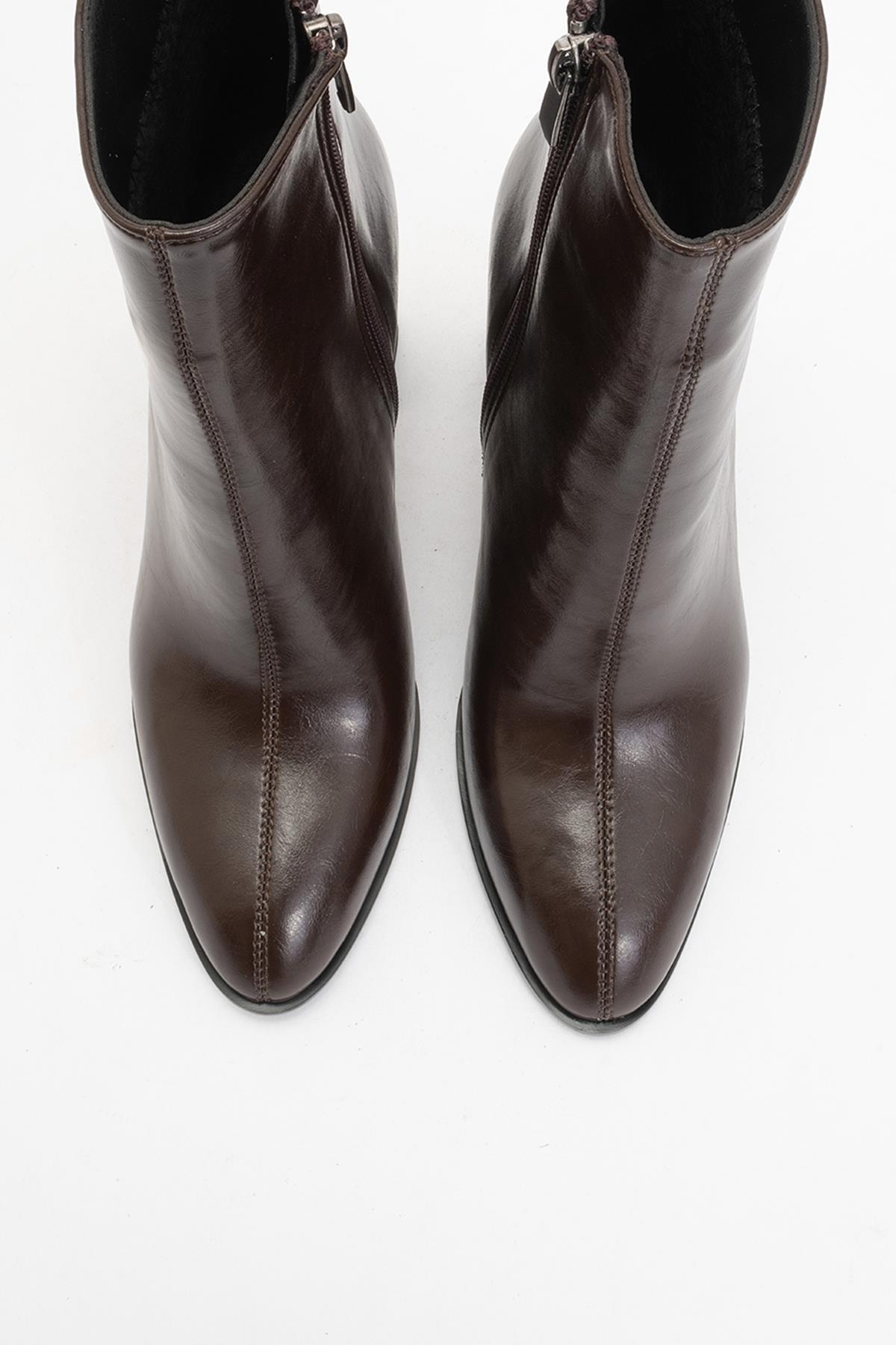 Jewel Brown High Heel Boot – side view showing leather, red, Vowalisse