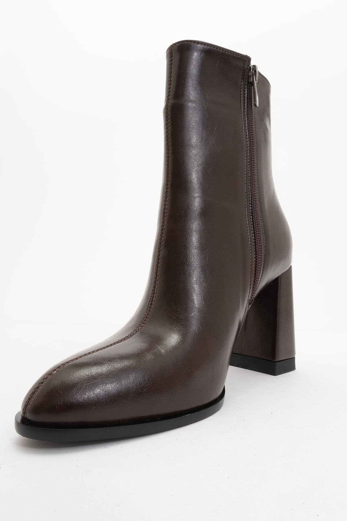 Jewel Brown High Heel Boot – detail view showing leather, red, Vowalisse