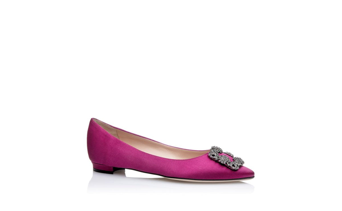 Estelle Crown Pink Jewel Buckle Pumps – top view showing pink jewel buckle, crystal buckle, almond toe, satin, Vowalisse
