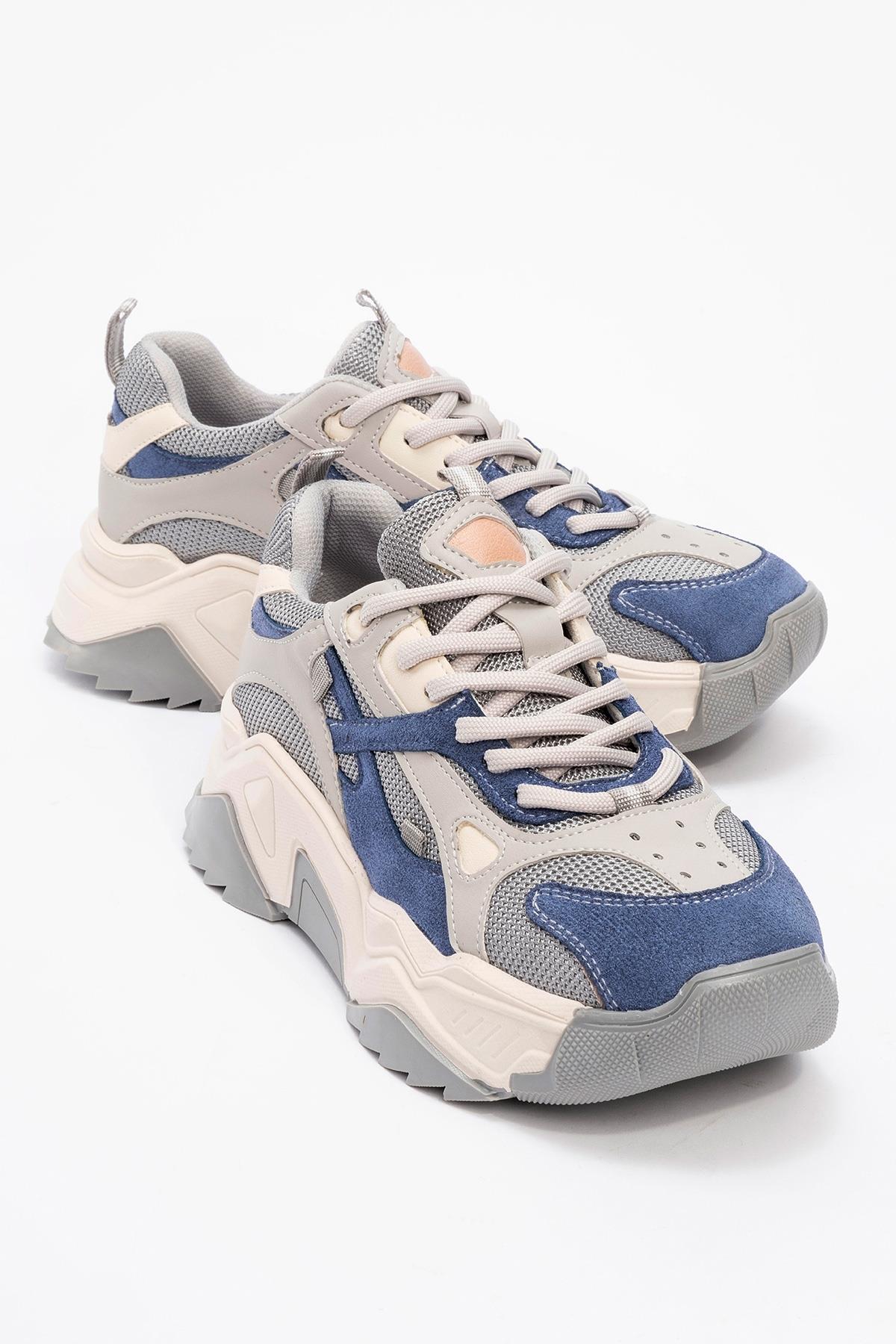 Loretta - Blue Gray Sneaker – front three-quarter view showing leather, blue, Vowalisse