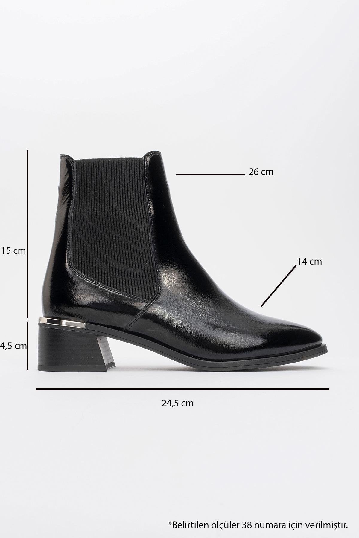 Neiva Black Patent Leather Chelsea Boot – heel view showing leather, black, red, Vowalisse