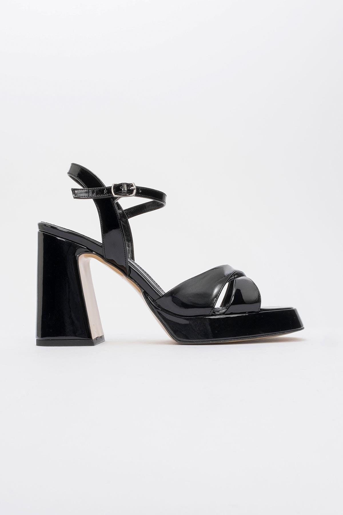 Lello - Black Patent Platform Pump – heel view showing leather, black, Vowalisse