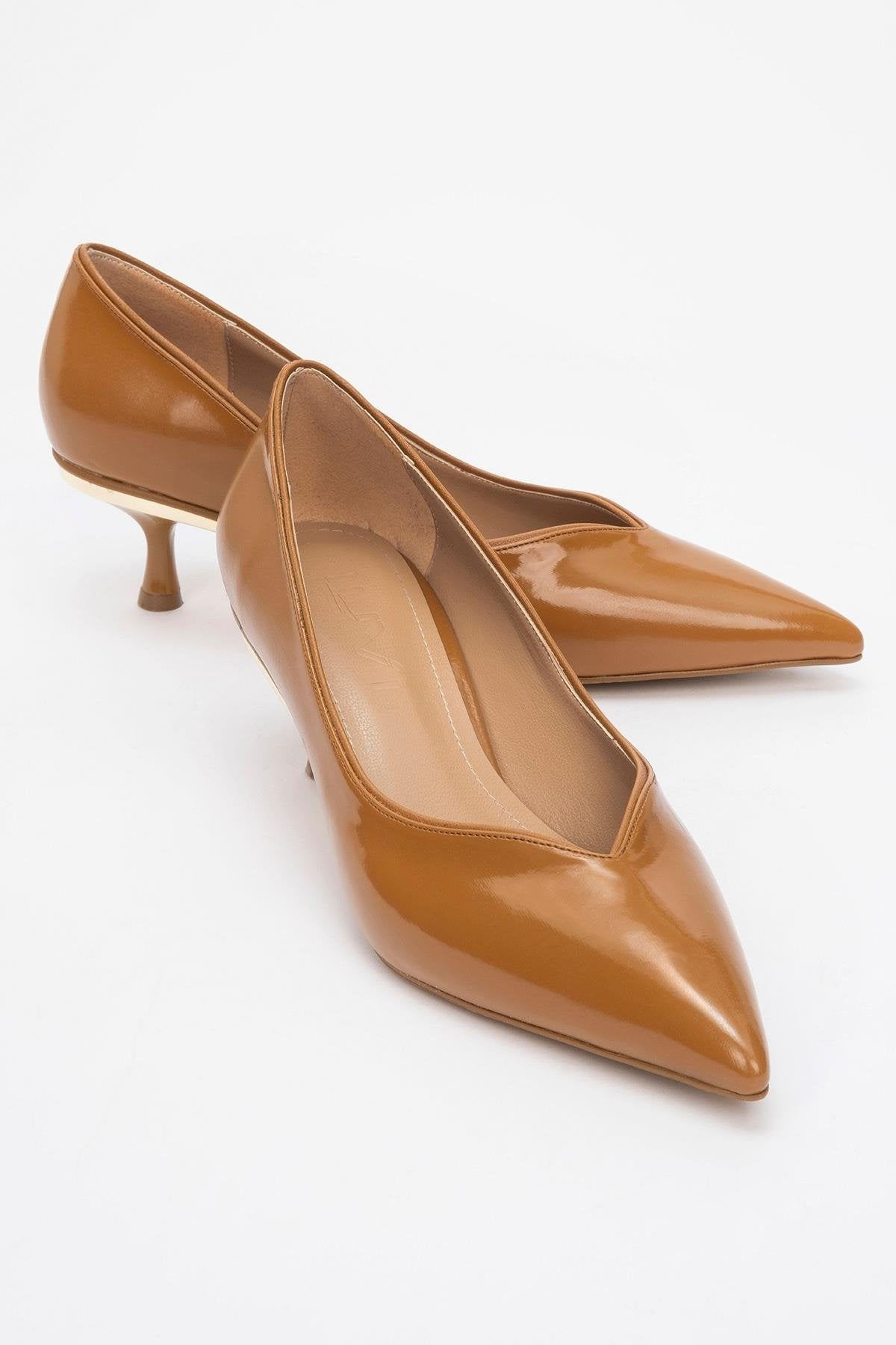 Eupho - Cognac Patent Low Heel Pump – front three-quarter view showing leather, Vowalisse