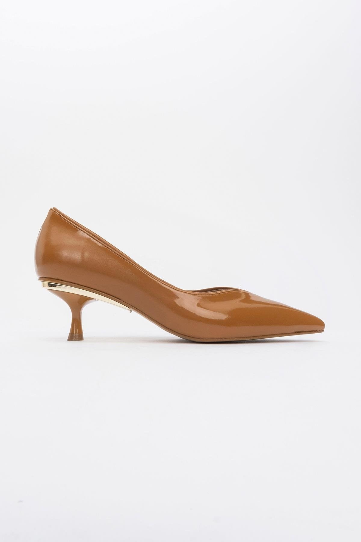 Eupho - Cognac Patent Low Heel Pump – heel view showing leather, Vowalisse
