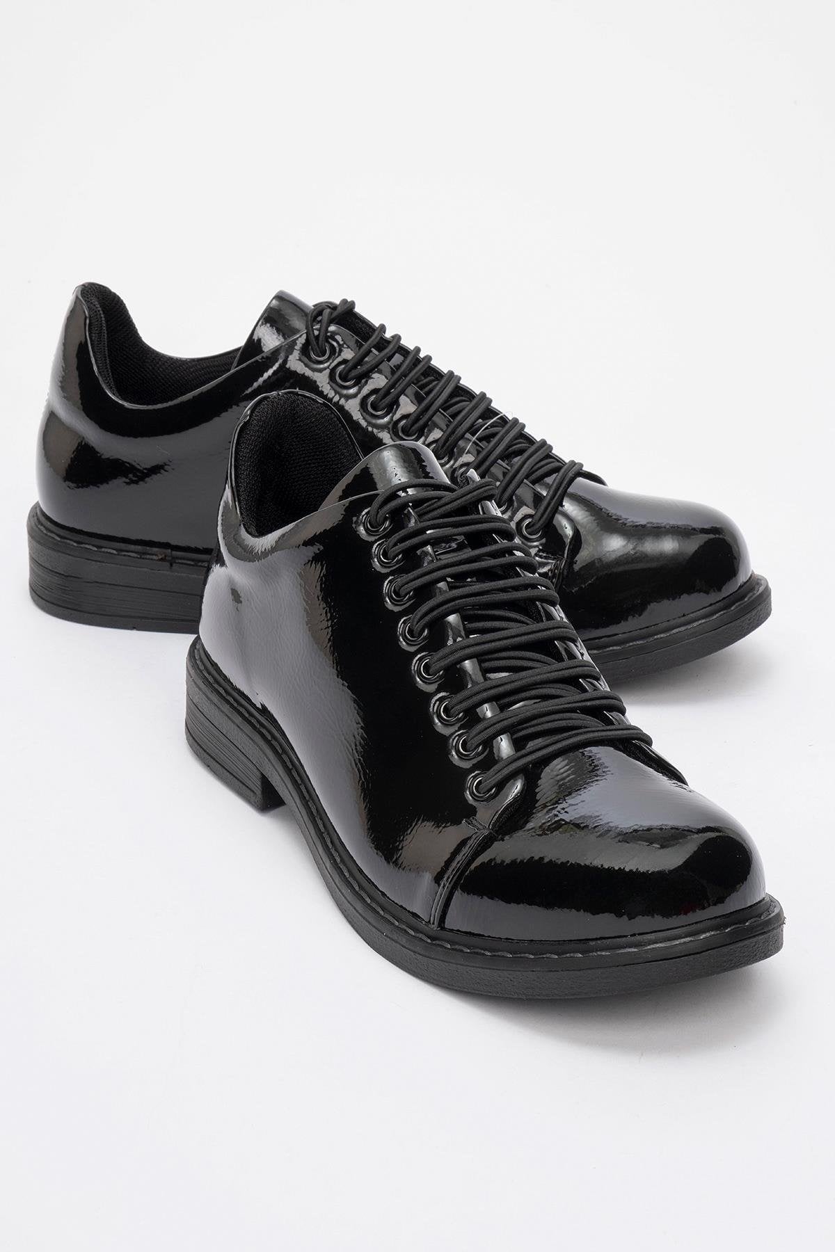 Festy - Black Patent Elastic Lace-Up Casual Shoe – front three-quarter view showing lace, leather, black, Vowalisse