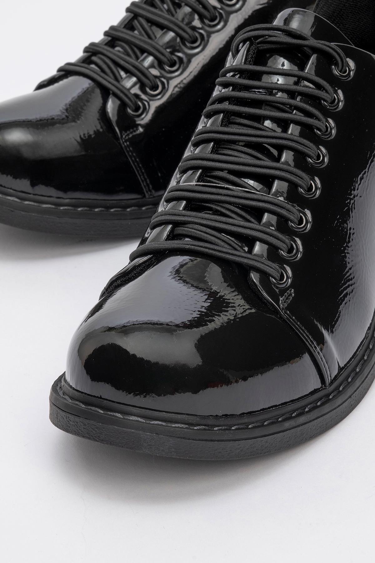 Festy - Black Patent Elastic Lace-Up Casual Shoe – detail view showing lace, leather, black, Vowalisse
