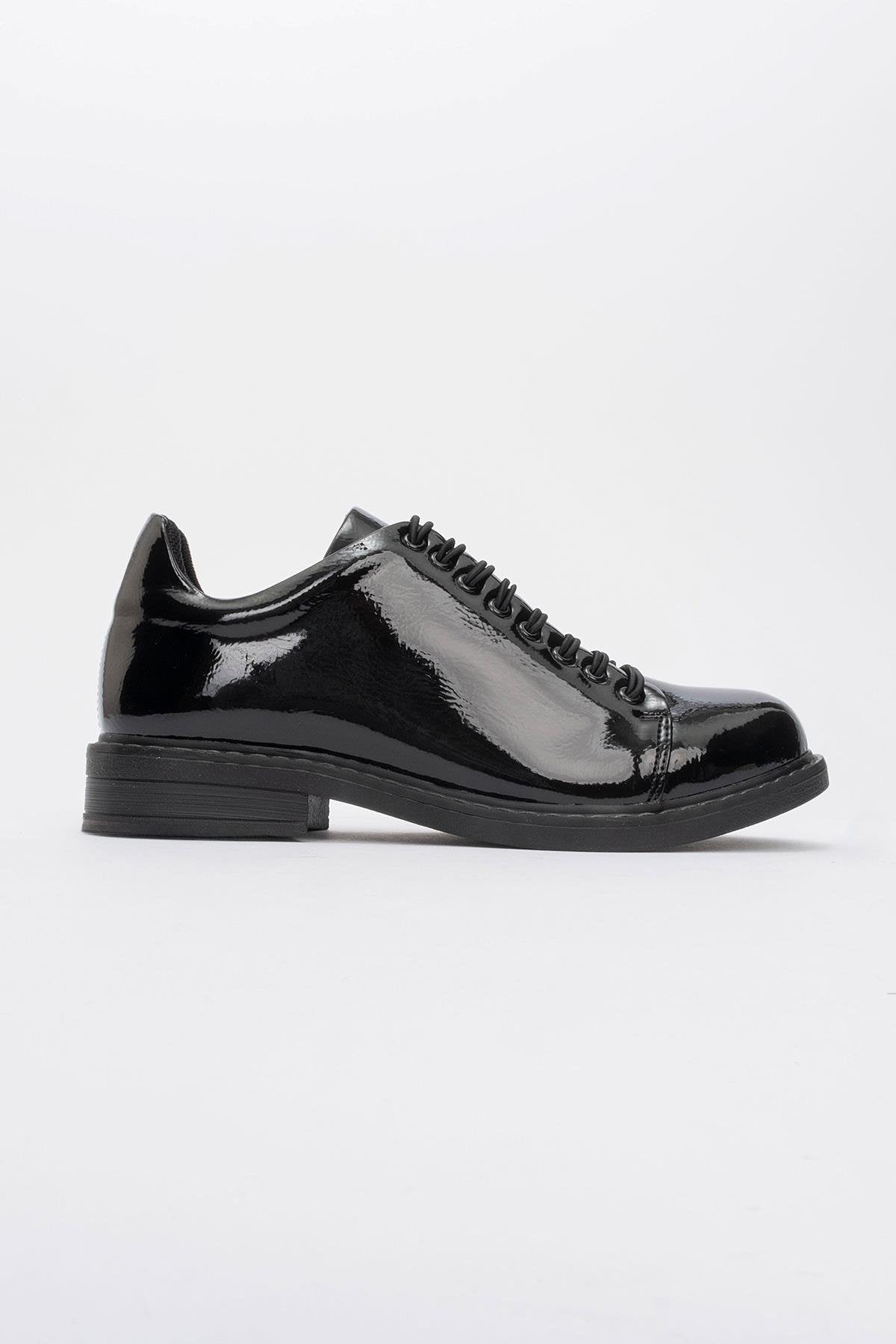 Festy - Black Patent Elastic Lace-Up Casual Shoe – heel view showing lace, leather, black, Vowalisse