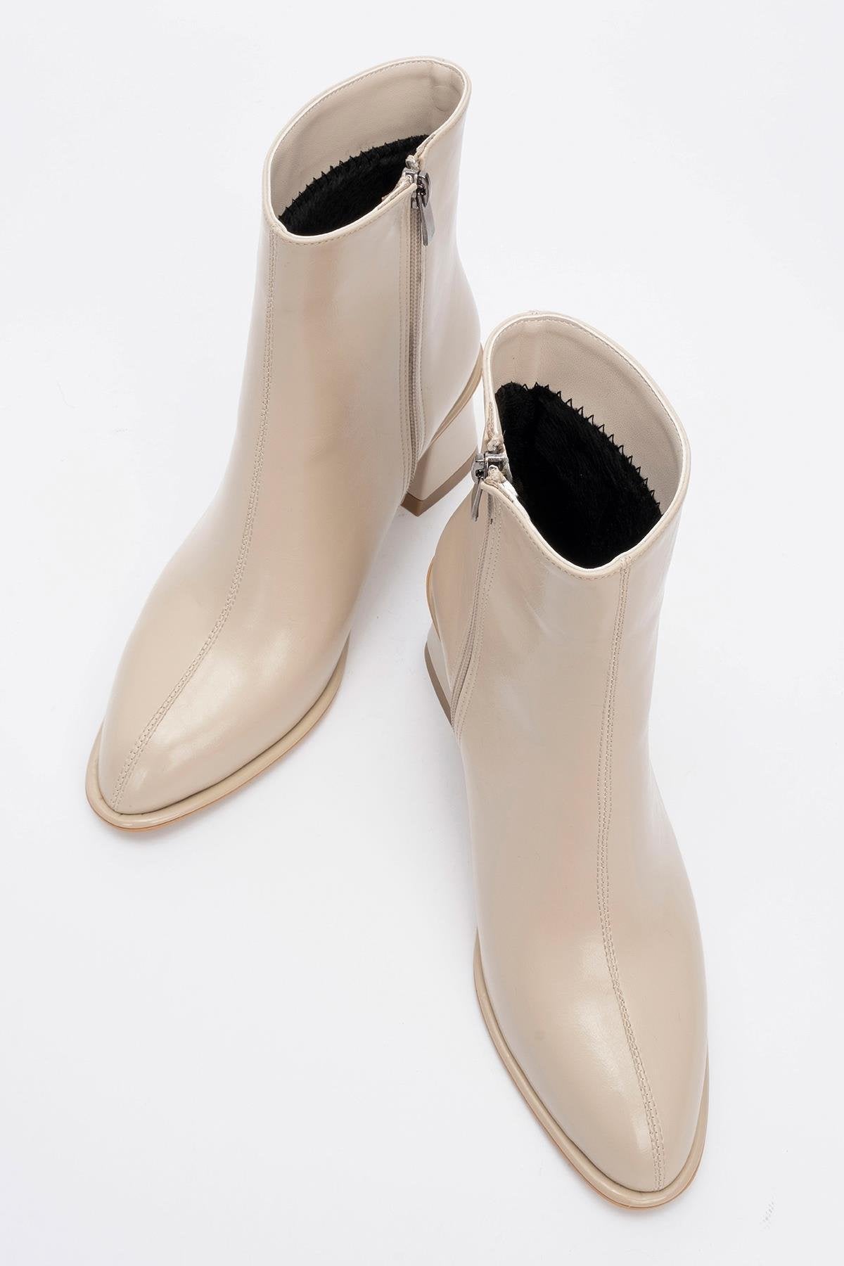 Alba Beige Block Heel Boot – side view showing leather, Vowalisse