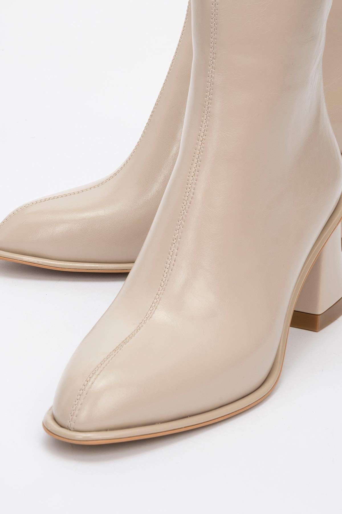 Alba Beige Block Heel Boot – detail view showing leather, Vowalisse