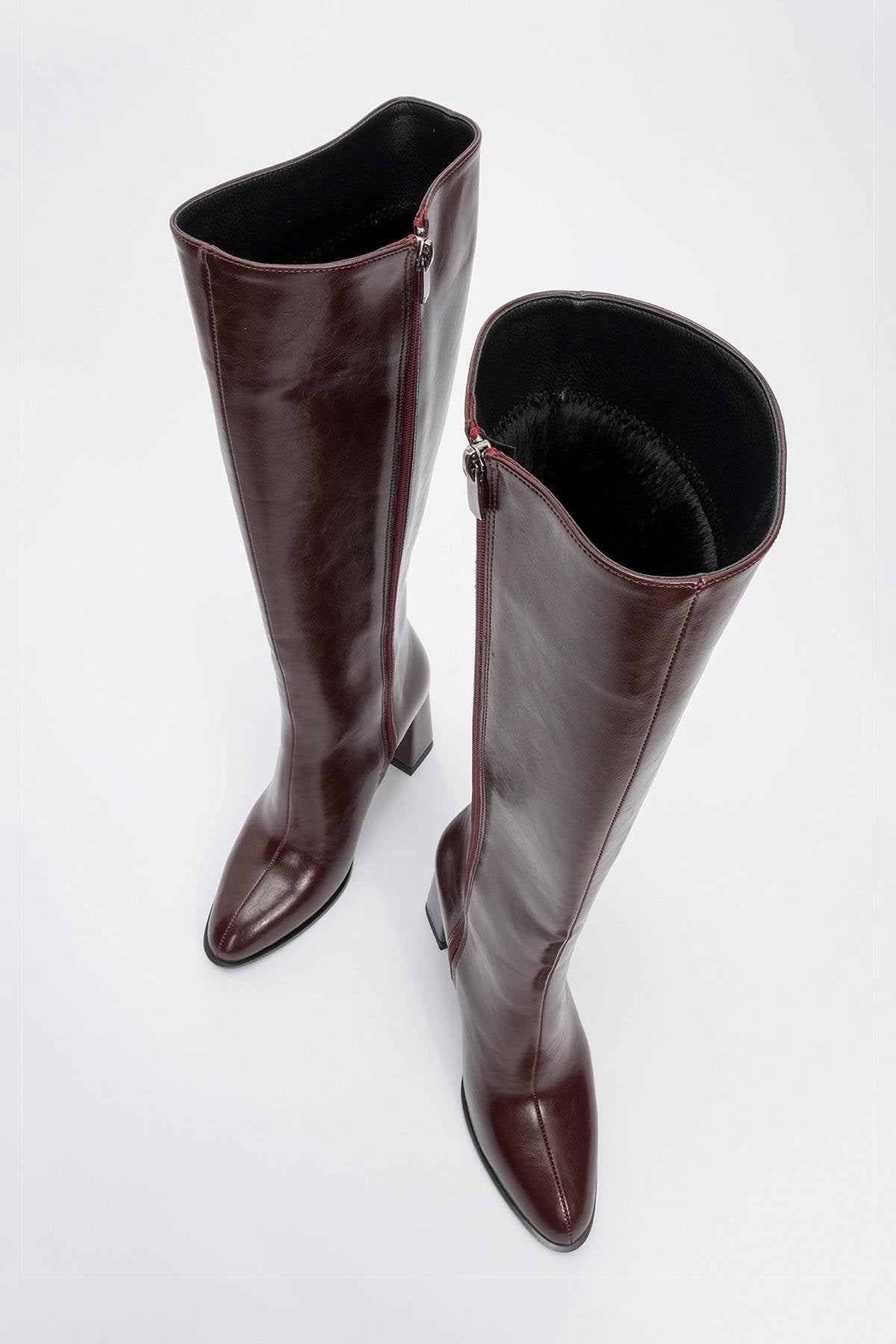 Decer - Burgundy Heeled Boot – side view showing leather, Vowalisse