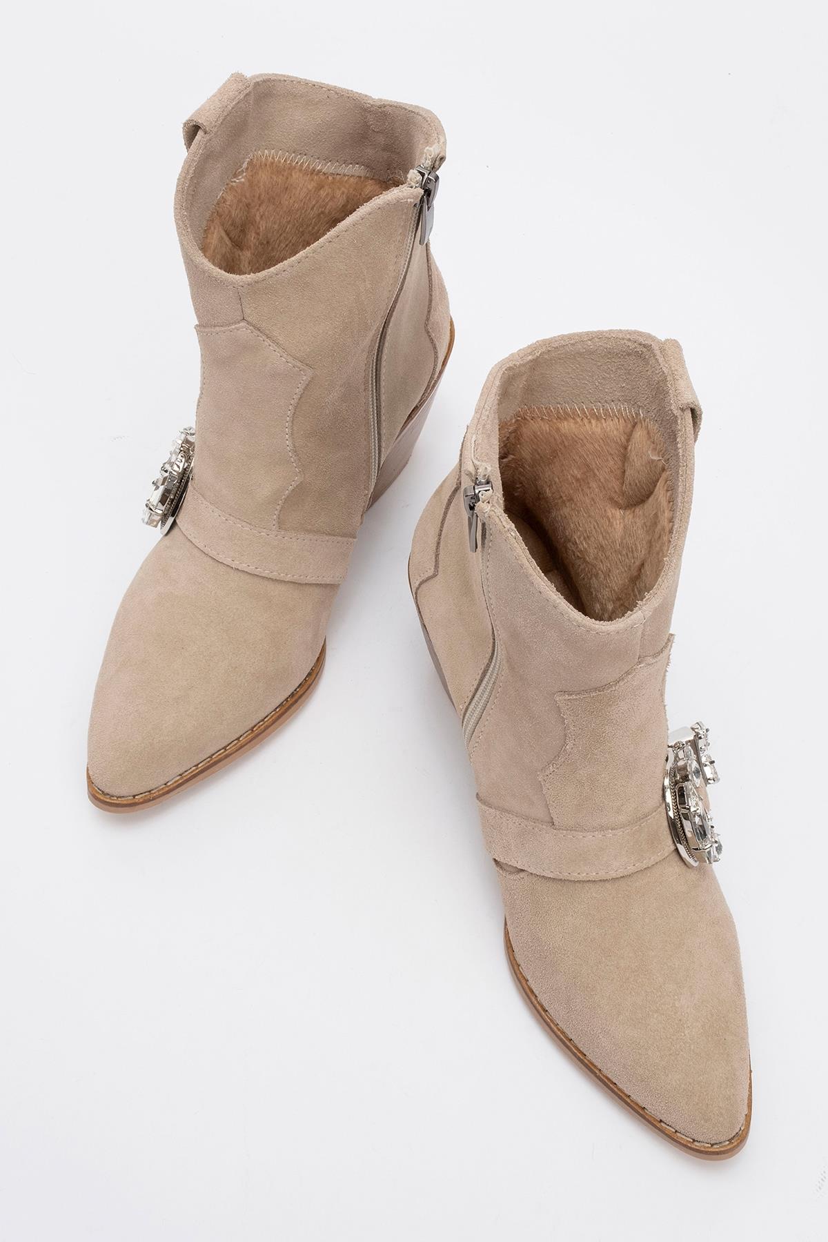 Any Beige Leather Jeweled Boot – side view showing leather, Vowalisse