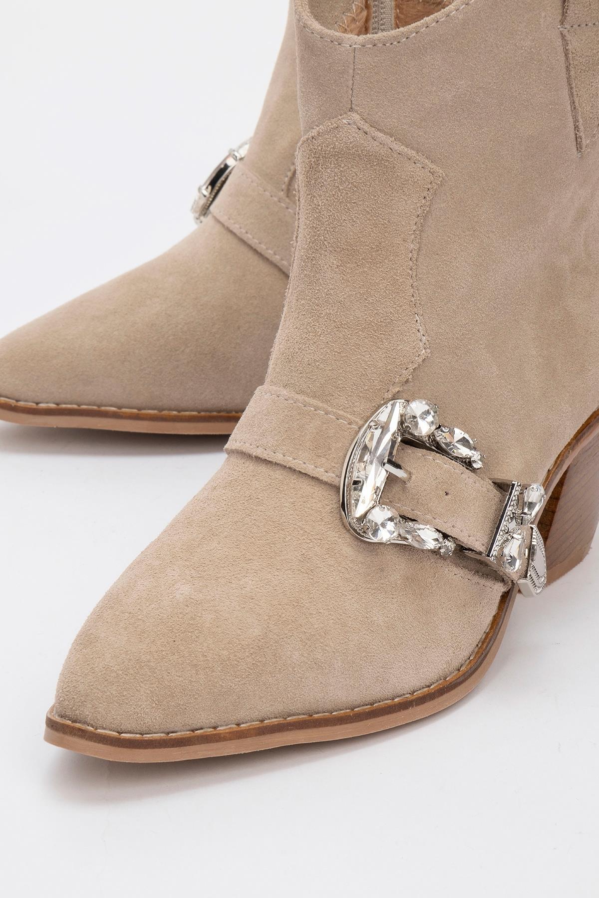 Any Beige Leather Jeweled Boot – detail view showing leather, Vowalisse