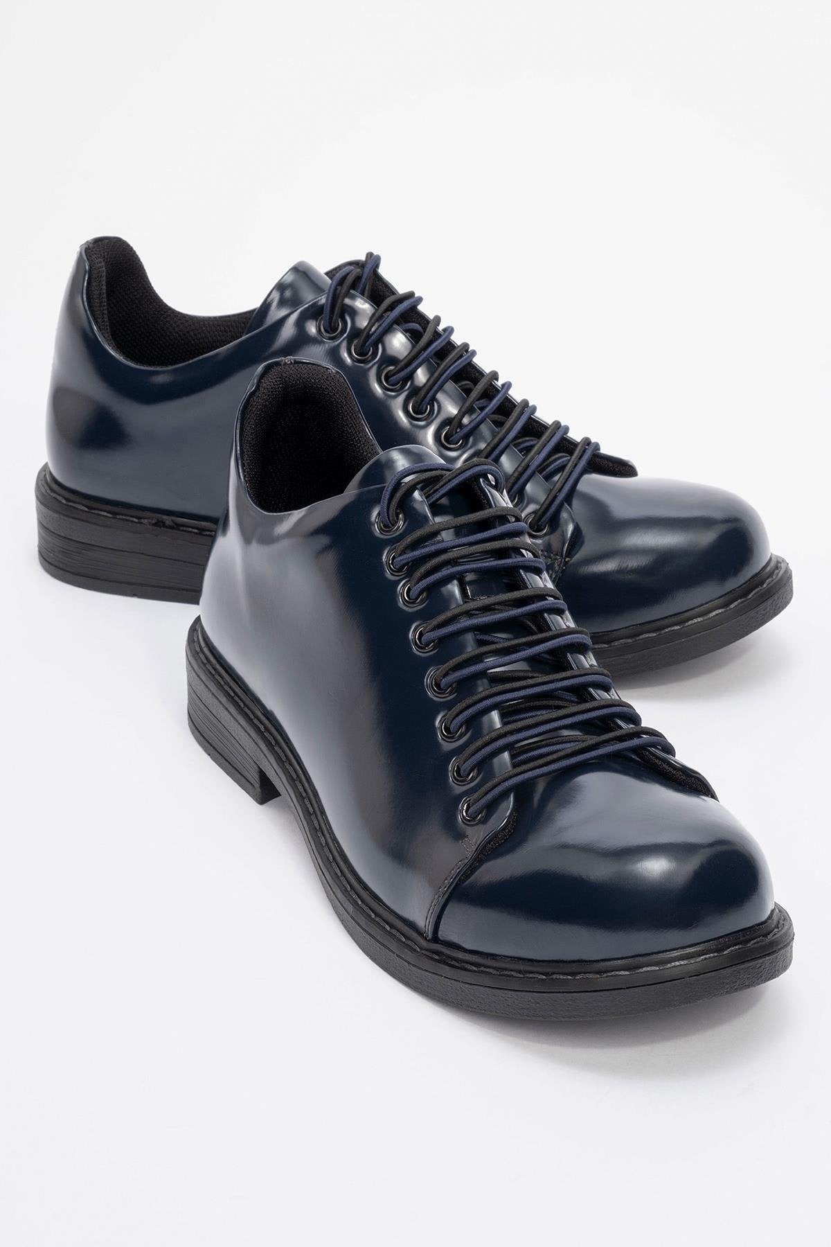 Festy - Navy Patent Elastic Lace-Up Casual Shoe – front three-quarter view showing lace, leather, Vowalisse