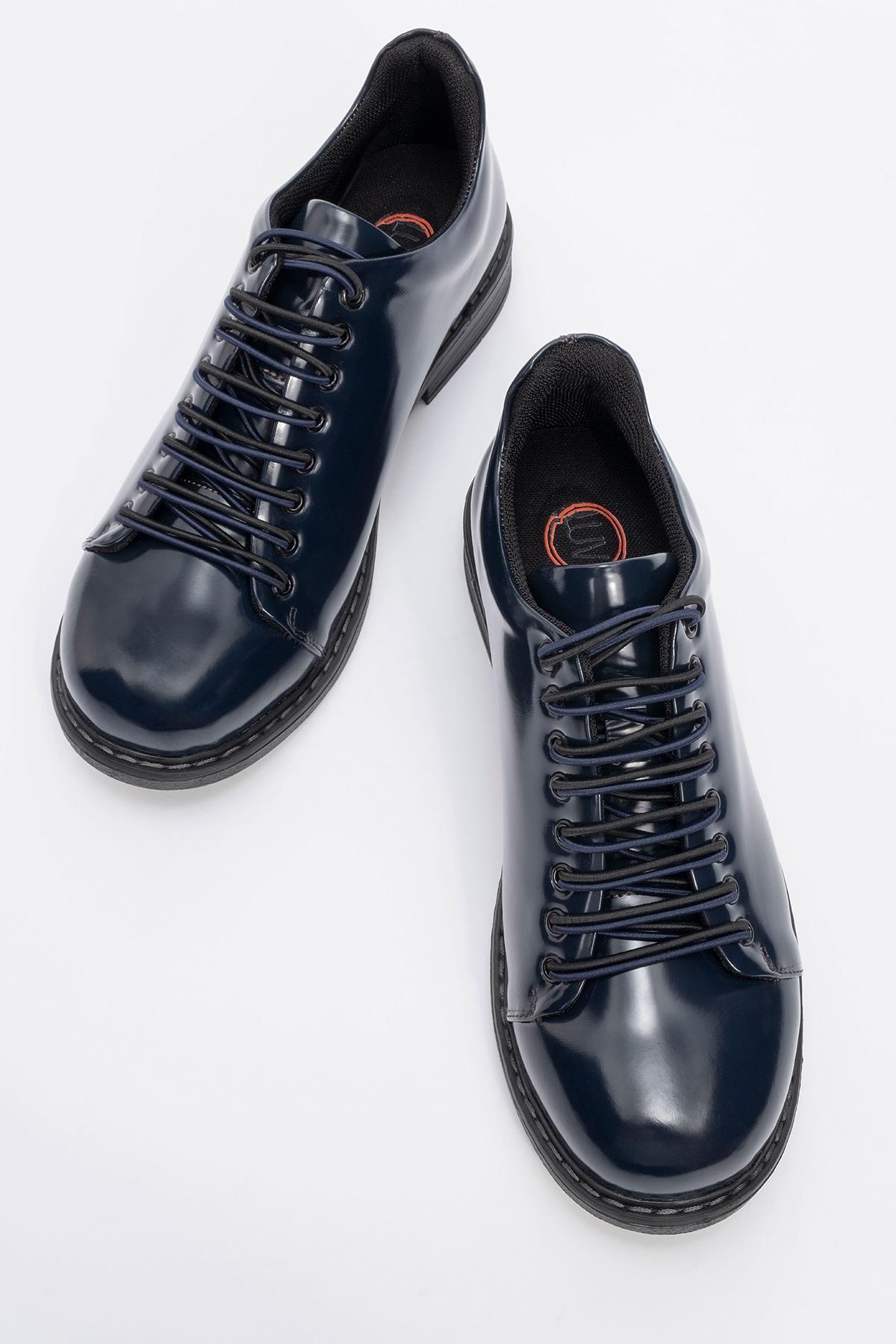 Festy - Navy Patent Elastic Lace-Up Casual Shoe – side view showing lace, leather, Vowalisse