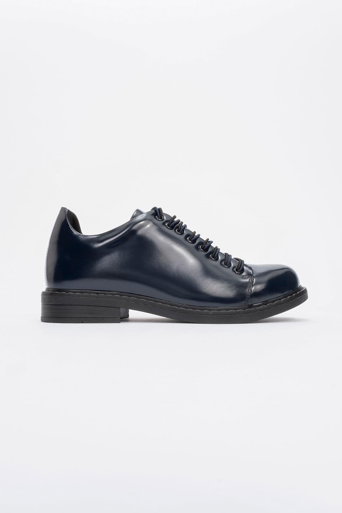 Festy - Navy Patent Elastic Lace-Up Casual Shoe – heel view showing lace, leather, Vowalisse