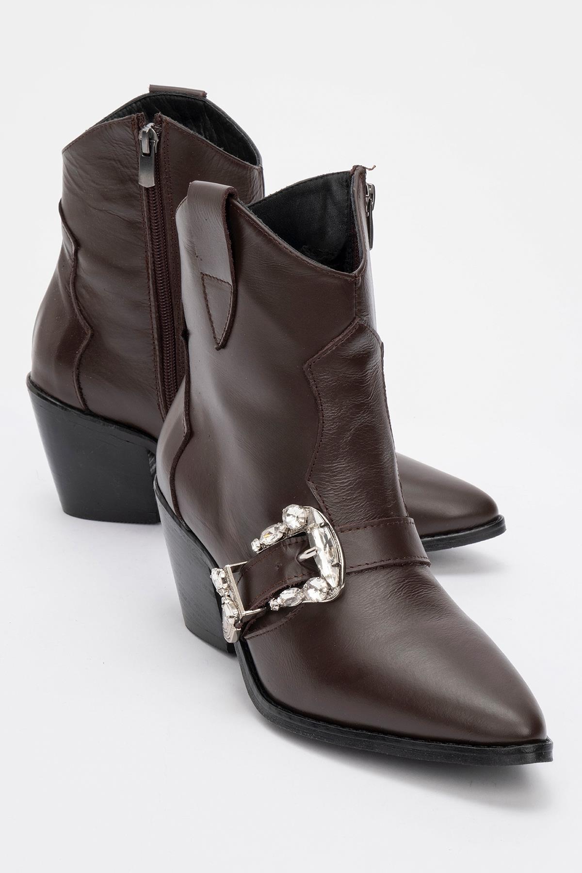 Any Brown Leather Jeweled Boot – front three-quarter view showing leather, Vowalisse