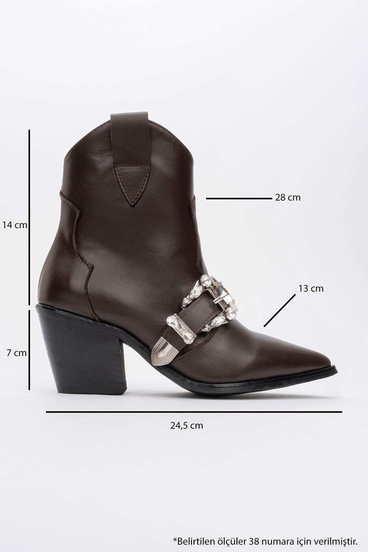 Any Brown Leather Jeweled Boot – heel view showing leather, Vowalisse