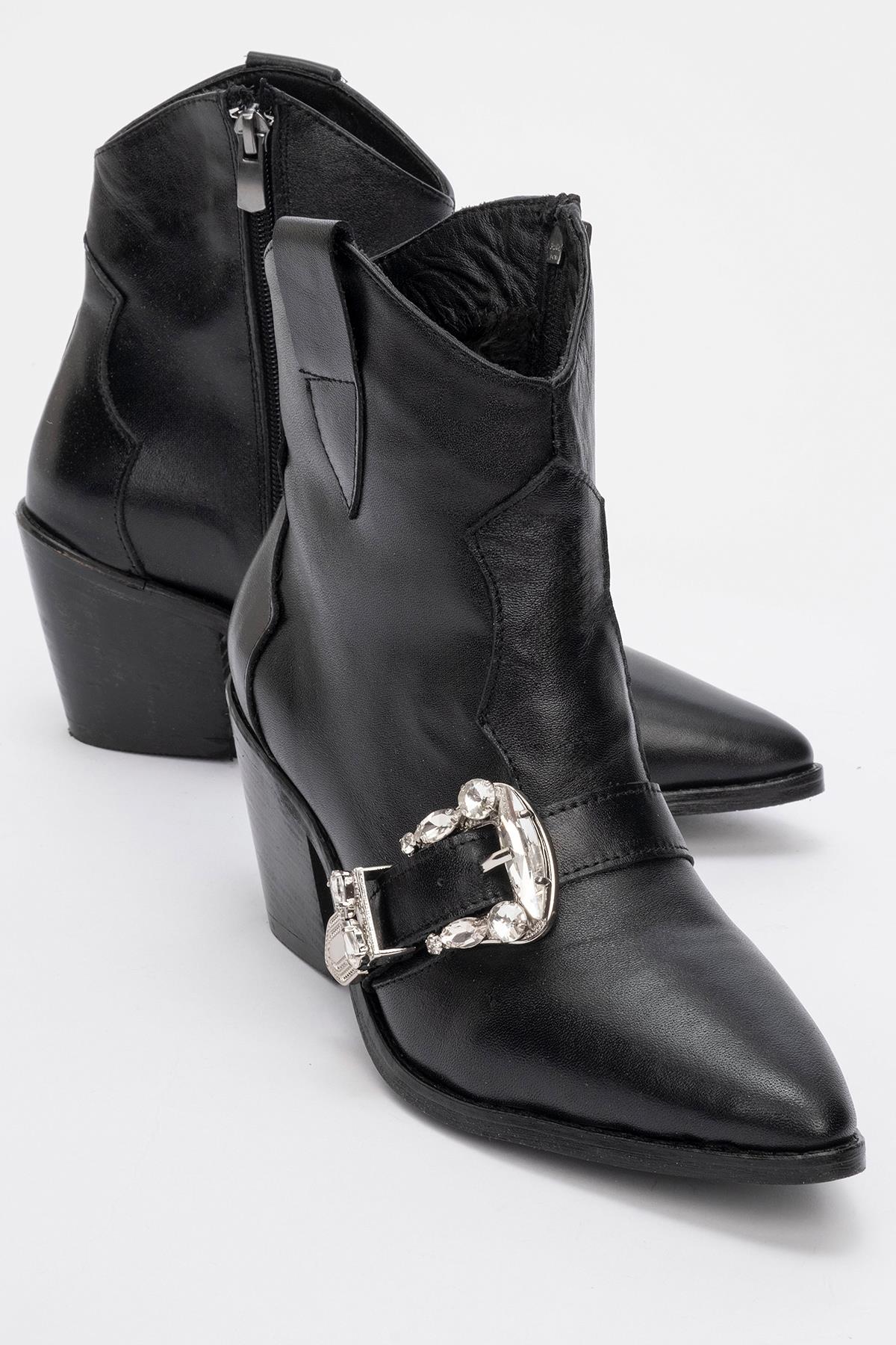 Any Black Leather Jeweled Boot – front three-quarter view showing leather, black, Vowalisse