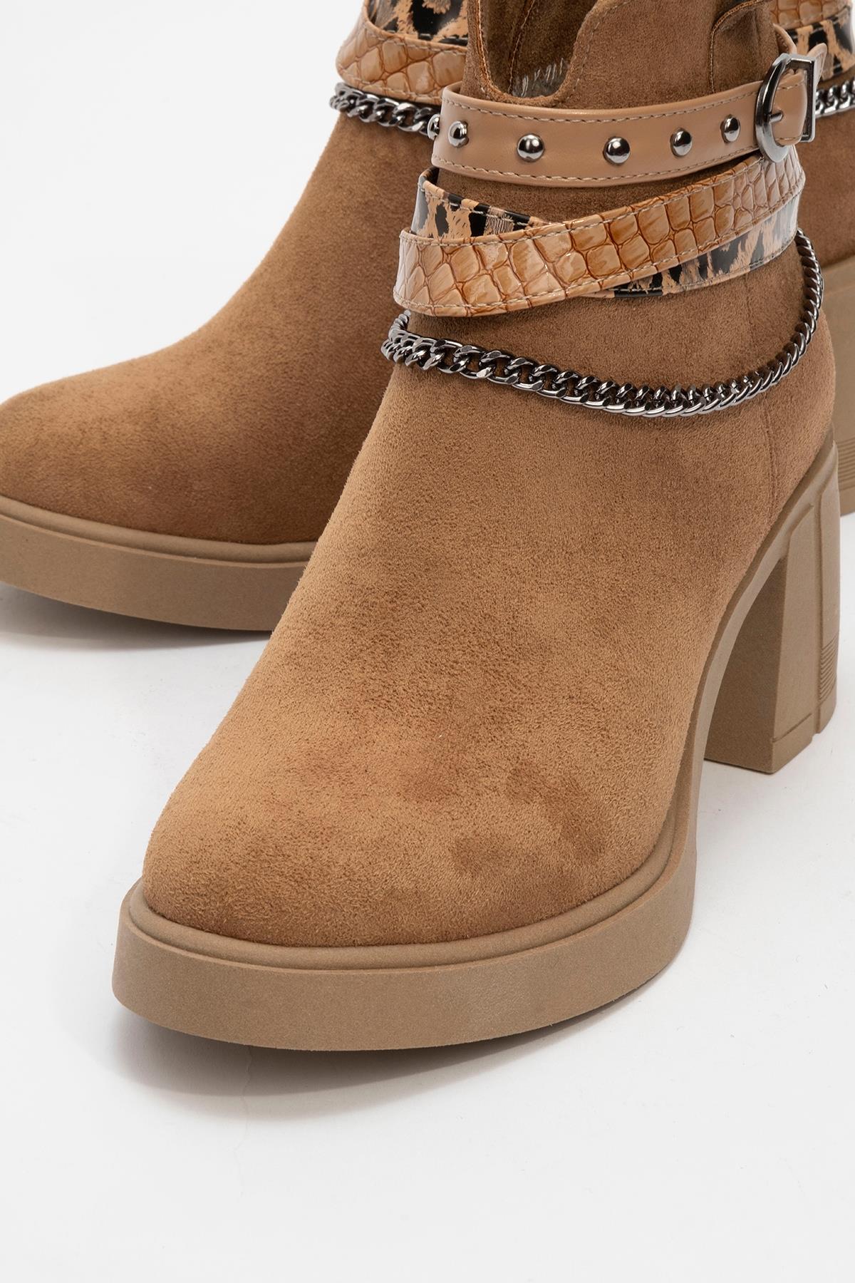 Boliva - Cognac Belted Chain Boot – detail view showing leather, Vowalisse