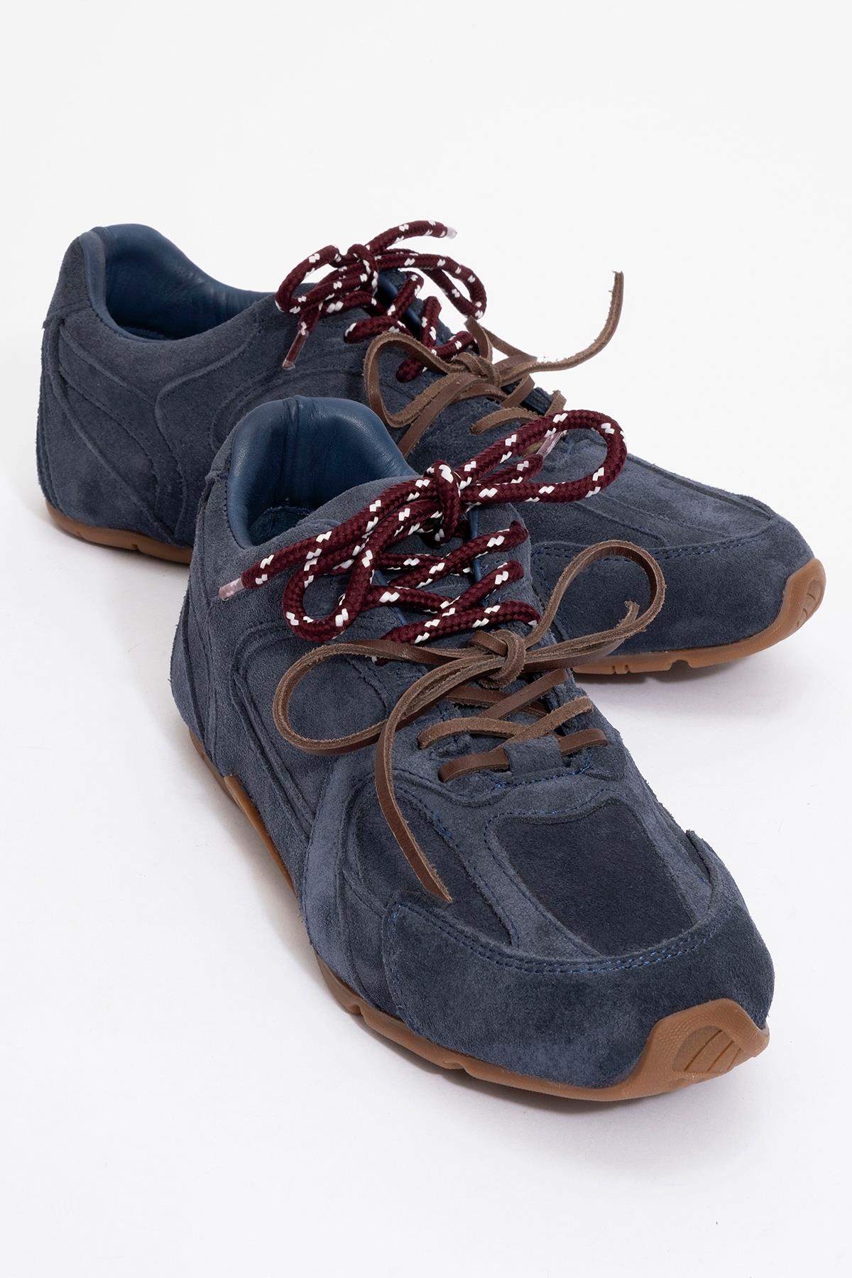 Selena - Navy Blue Suede Leather Sneakers – front three-quarter view showing leather, suede, blue, Vowalisse