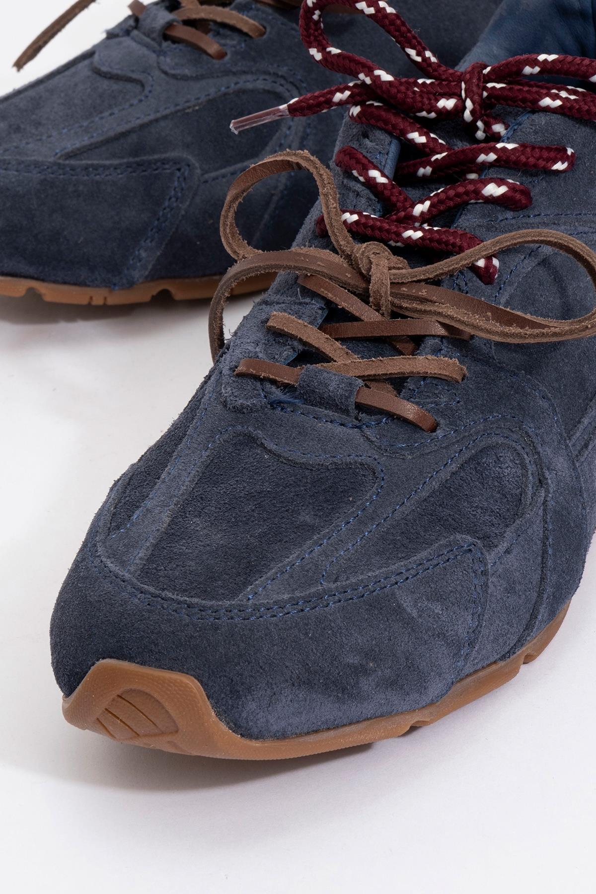 Selena - Navy Blue Suede Leather Sneakers – detail view showing leather, suede, blue, Vowalisse