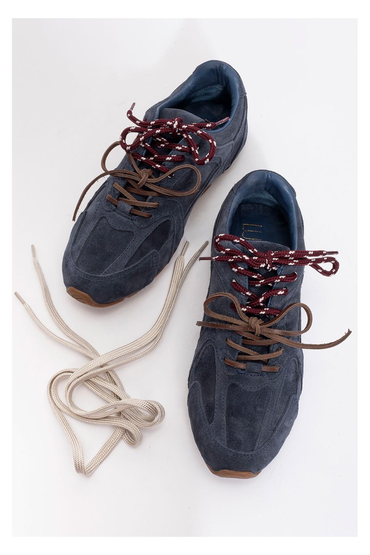Selena - Navy Blue Suede Leather Sneakers – heel view showing leather, suede, blue, Vowalisse