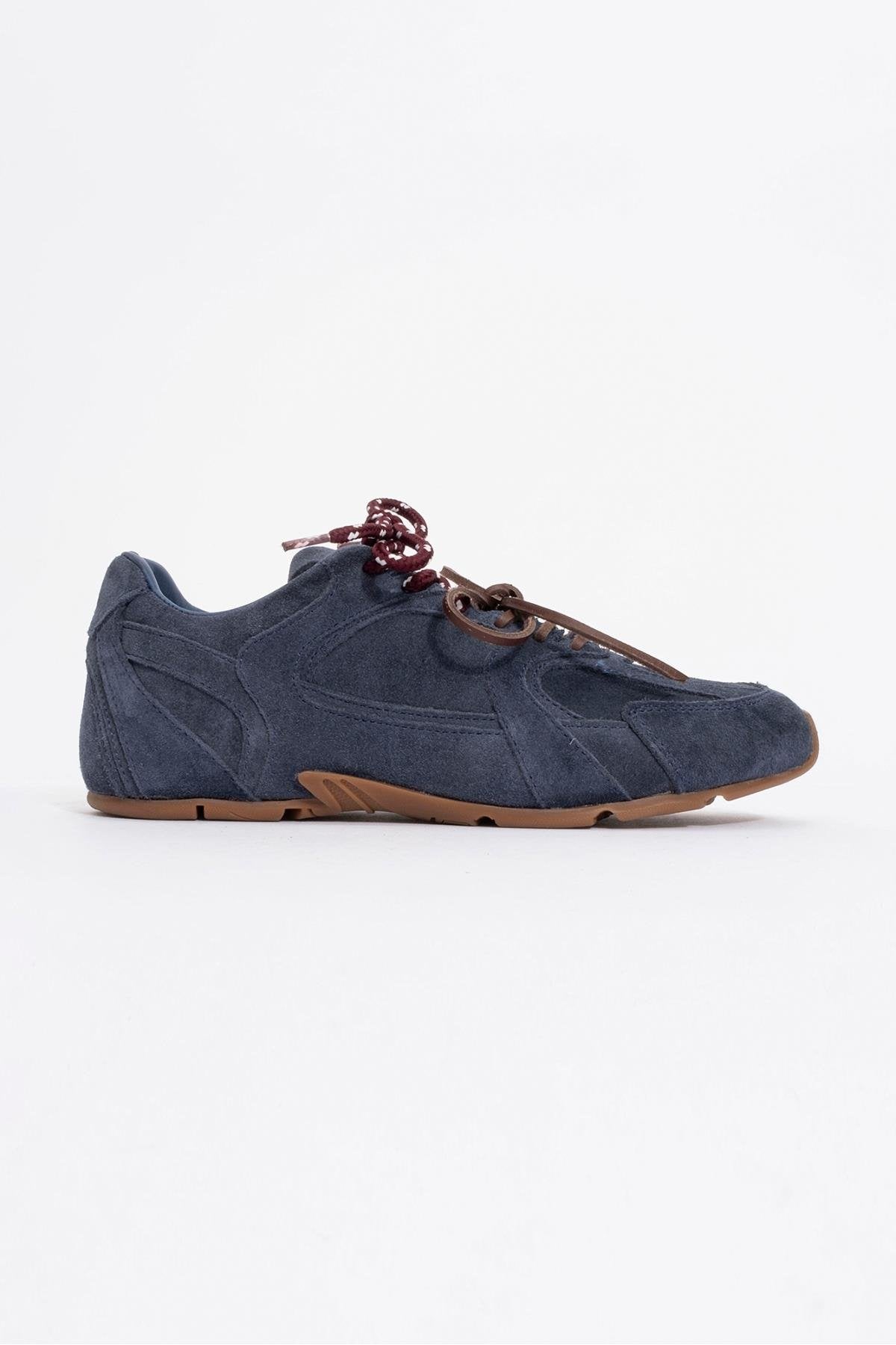 Selena - Navy Blue Suede Leather Sneakers – back view showing leather, suede, blue, Vowalisse