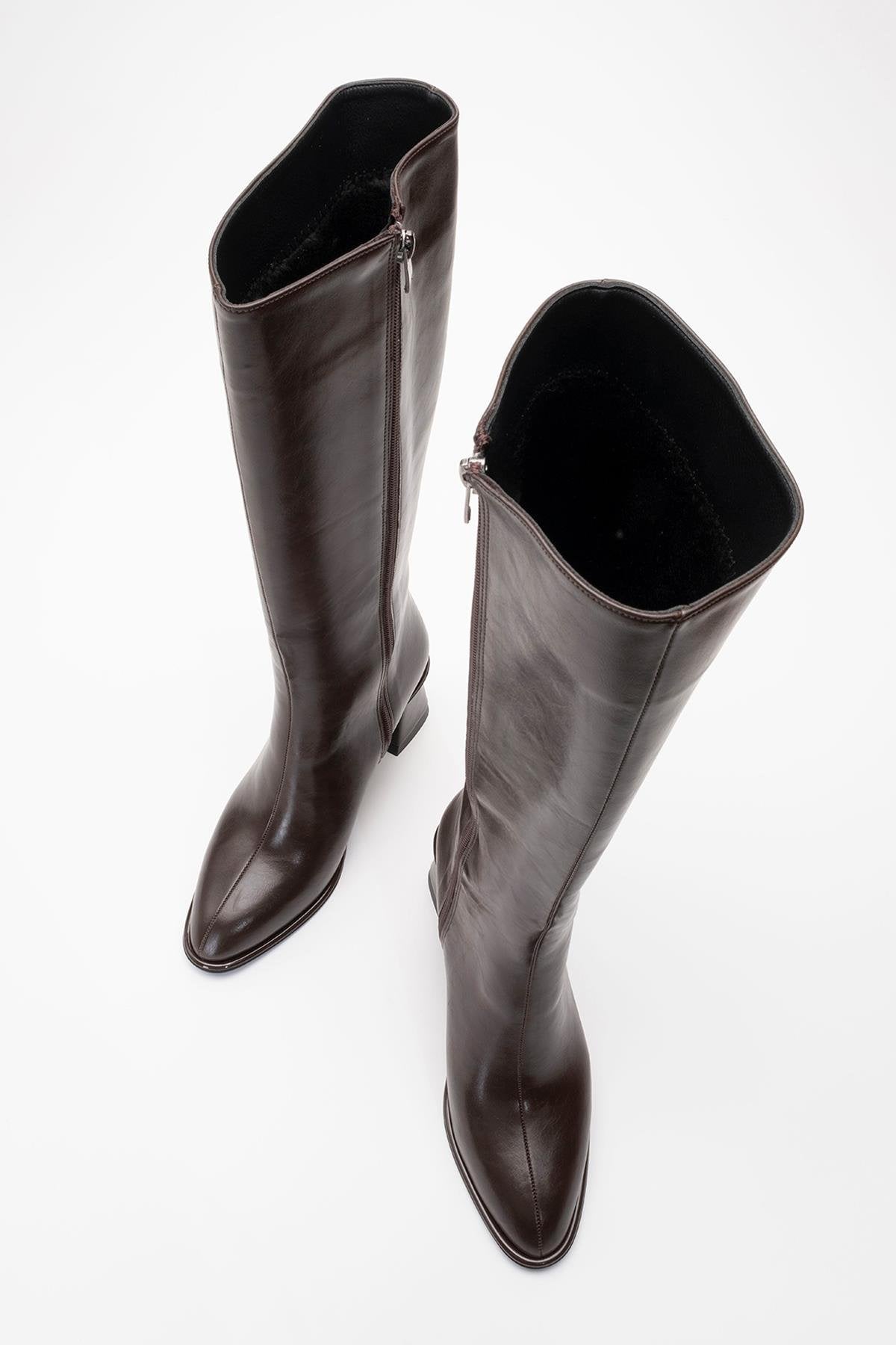Paradis - Brown Block Heel Knee-High Boot – side view showing leather, Vowalisse
