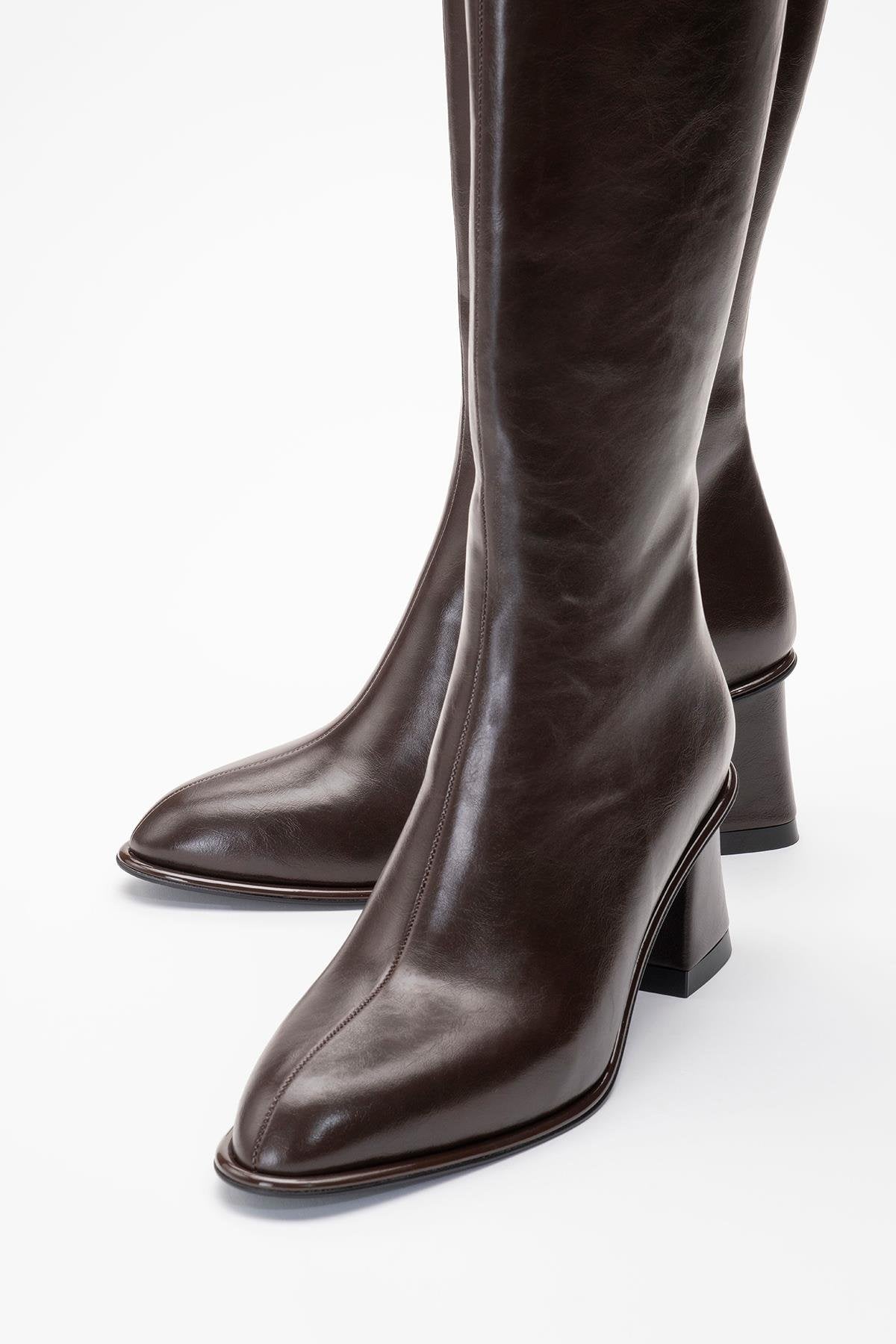 Paradis - Brown Block Heel Knee-High Boot – detail view showing leather, Vowalisse