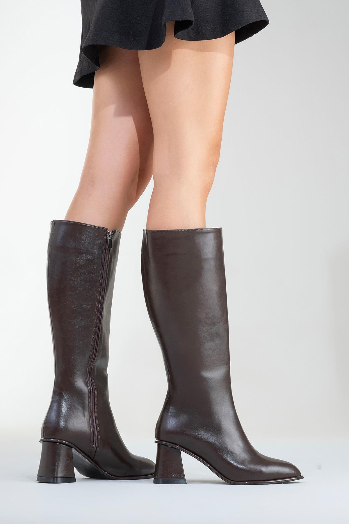 Paradis - Brown Block Heel Knee-High Boot – top view showing leather, Vowalisse