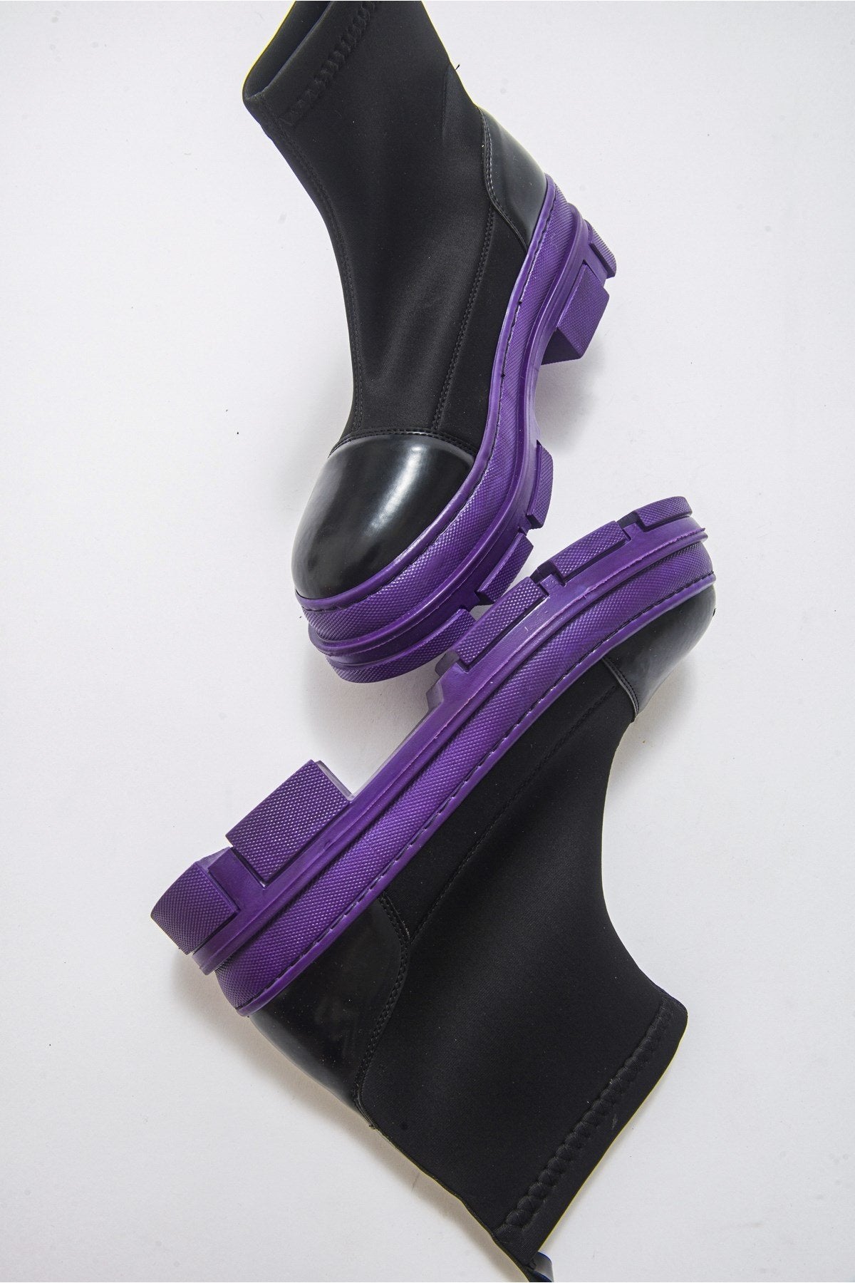 Bendis - Black/Purple Scuba Boot – side view showing leather, black, Vowalisse