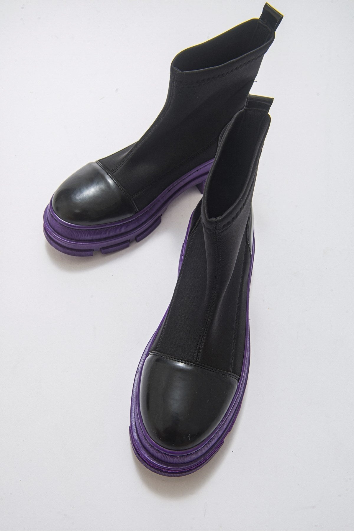 Bendis - Black/Purple Scuba Boot – detail view showing leather, black, Vowalisse
